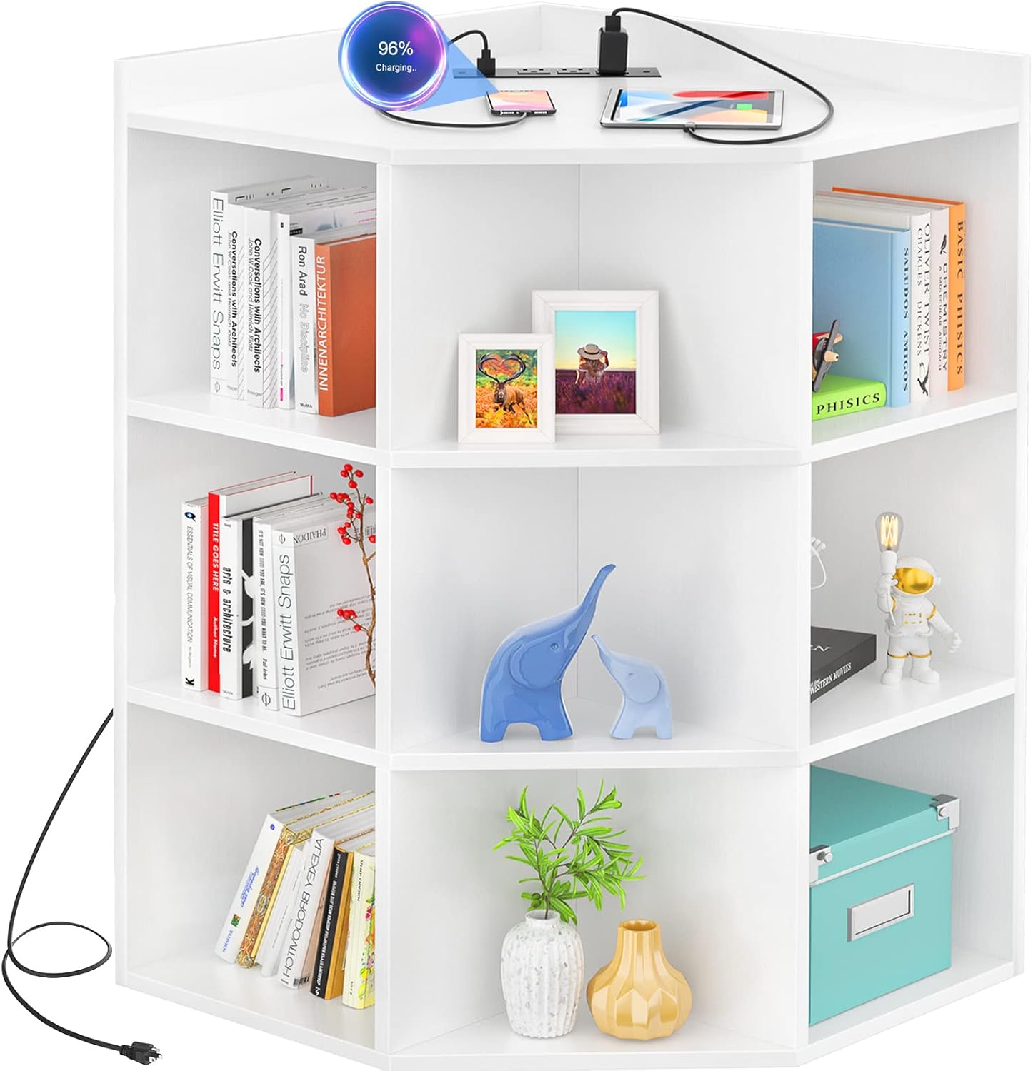 Aheaplus Corner Cabinet, White Corner Storage with USB Ports and Outlets, Corners Cube Toy Storage for Small Space, Wooden Cubby Corner Bookshelf with 9 Cubes for Bedroom, Living Room, Office, White