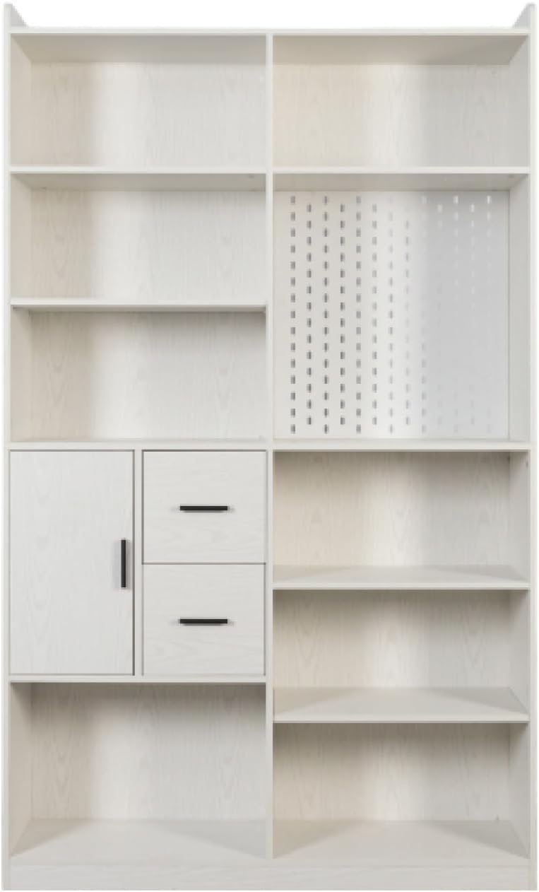 LEJUNMEISS Kitchen Pantry Cabinet Open Bookshelf Drawer 9 Cubby Display Bookcase Freestanding Cupboard for Living Room Dinning Room