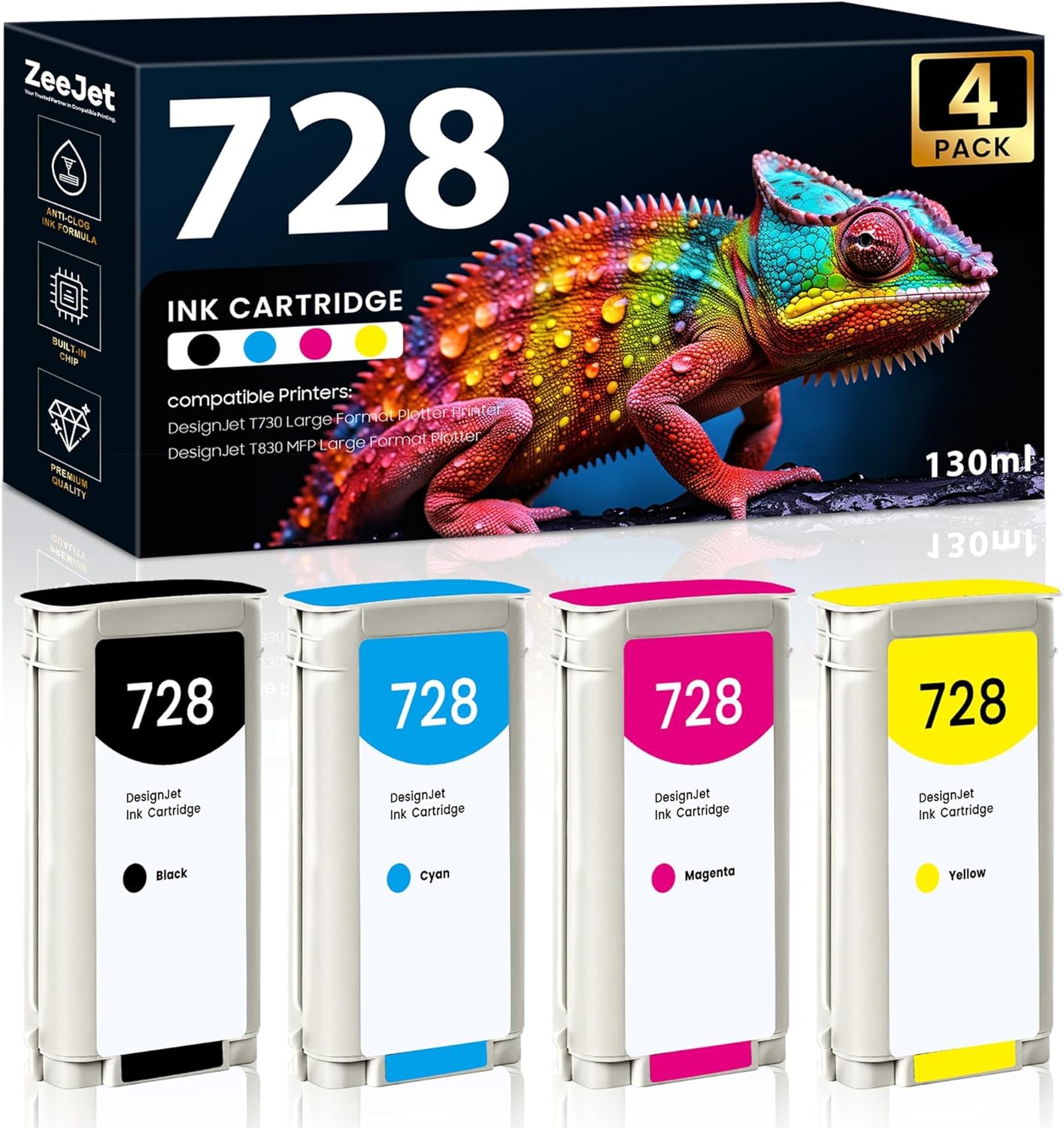 Zeejet 728 Ink Cartridges Replacement for HP 728 Ink for DesignJet T830 T730 Large Format Plotter Printer Ink 3WX25A F9J67A F9J77A F9J65A 130ml 4-Pack Matte Black Cyan Magenta Yellow