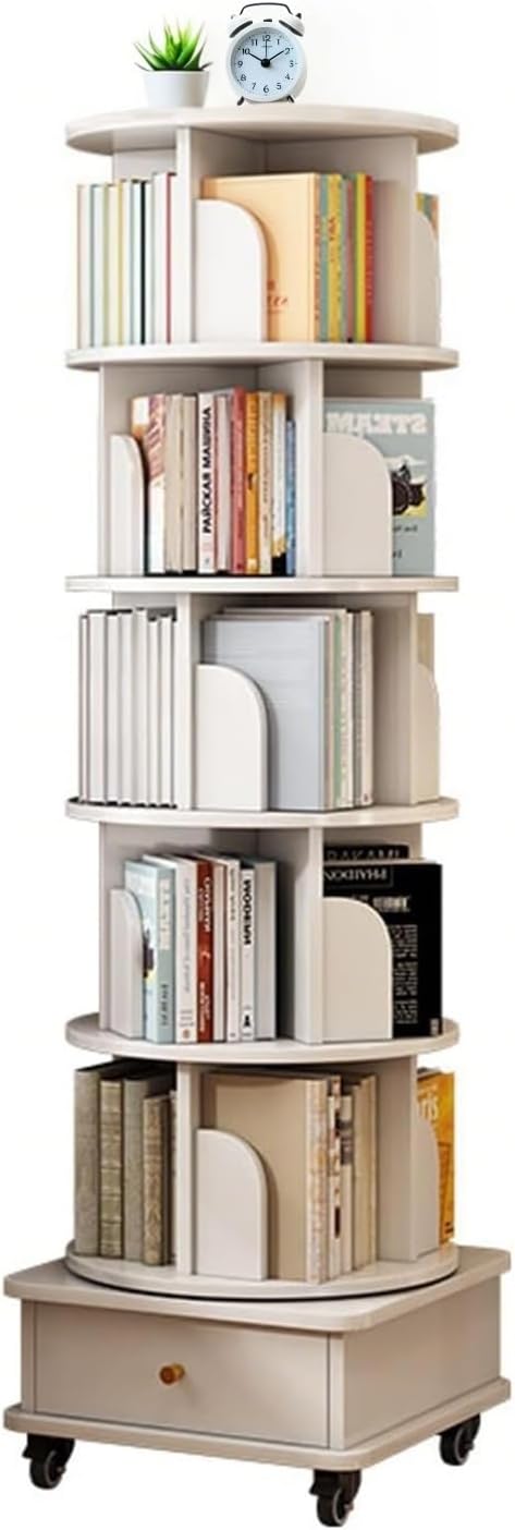 6 Tier Rotating Bookshelf with Wheels and Drawer, 360° Spinning Book Shelf Tower for Small Spaces, Narrow Rolling Storage Rack for Corner, Bedroom, Office, White MDF