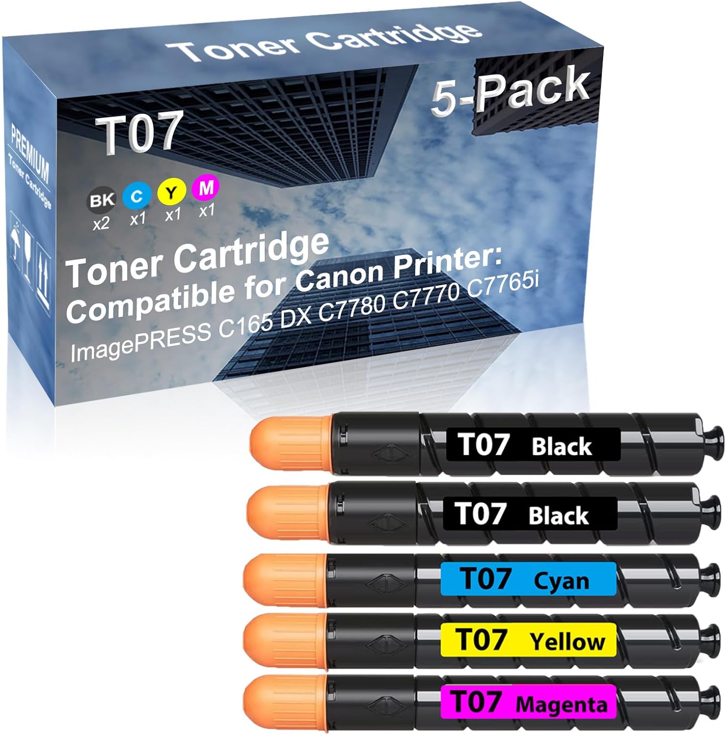 5-Pack (2BK+C+Y+M) Compatible High Capacity T07 (T07K+ T07C+ T07Y+ T07M) Toner Cartridge Used for Canon ImagePRESS C165 DX C7780 C7770 C7765i Printer