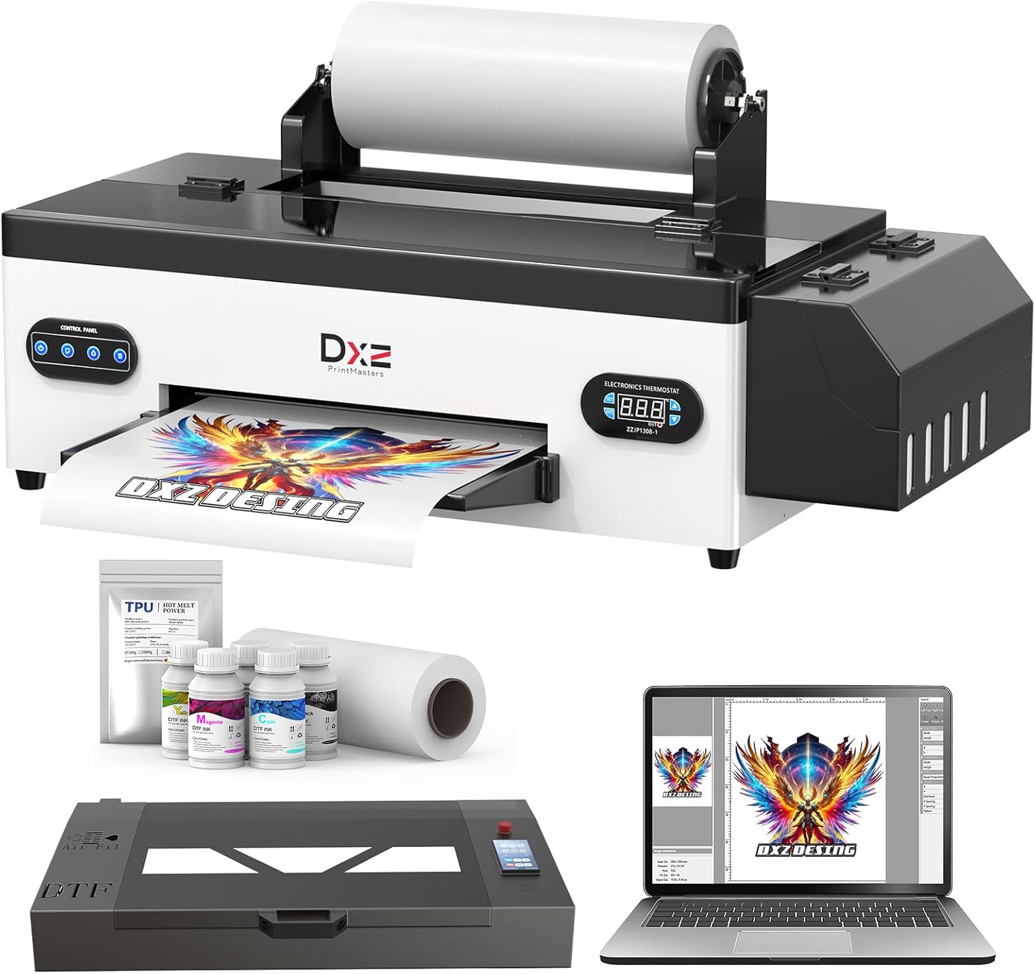 DXZ DTF Printer A3 L1800 Transfer Printing Machine T-Shirt Direct to Film with Dual White Ink System 2880 DPI for Diversed Fabrics,2-Year Ink Included (Printer+Oven+Laptop)