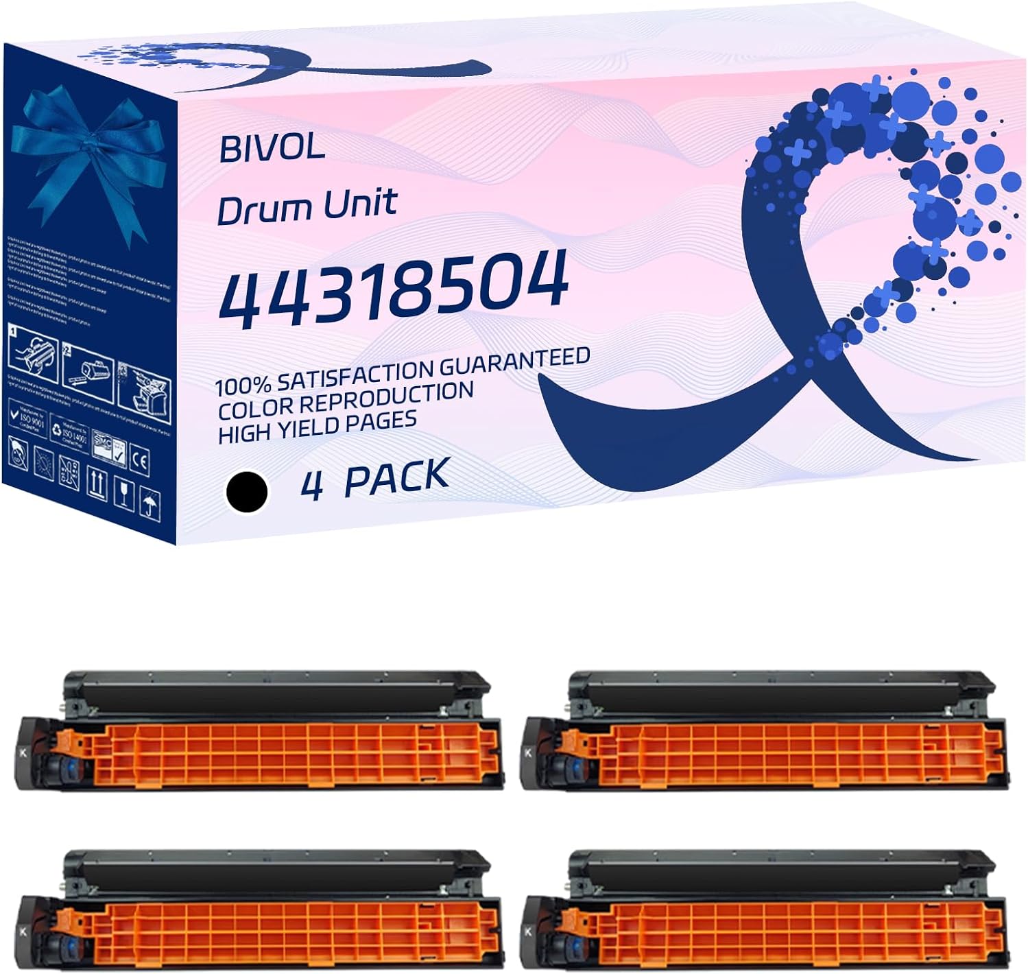 BIVOL 44318504 44318503 44318502 44318501 Drum Unit Compatible for Okidata OKI C711dn C711dtn C711n Printers, with Chip, High Yield 30000 Pages, Vivid Colors (4 Pack Black)