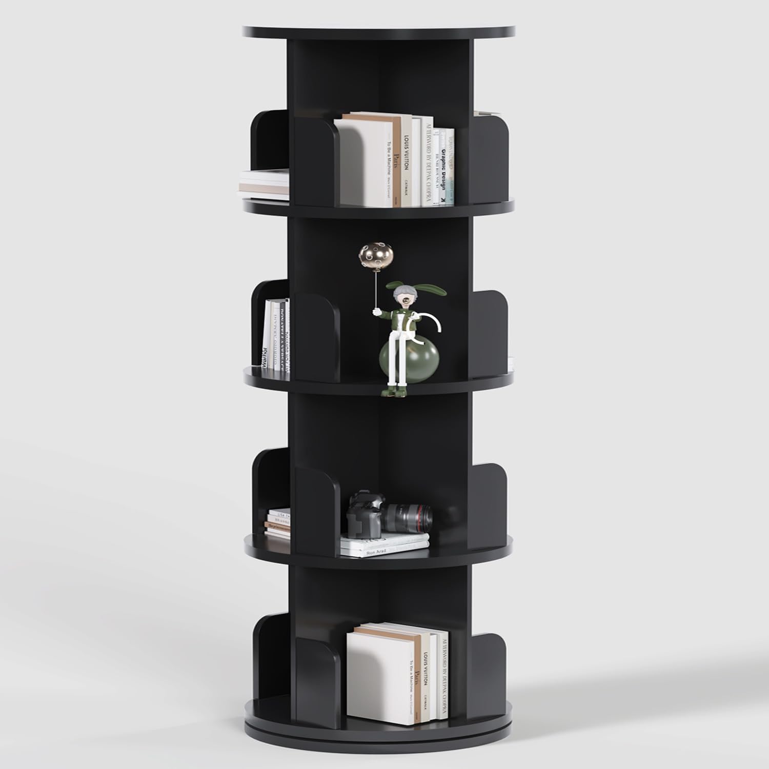 DMAITH Rotating Bookshelf, 360° Display Corner Bookcase for Small Space, 4 Tier Floor Standing Bookshelf Storage Rack, Wood Bookshelf Organizer for Kids' Room, Study Room, Bedroom, Black