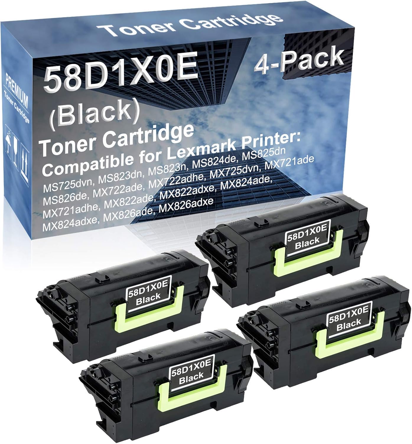 4-Pack Compatible High Capacity MX722ade, MX722adhe, MX725dvn, MX721ade, MX721adhe, MX822ade Printer Toner Cartridge Replacement for 58D1X0E Toner Cartridge (Black)
