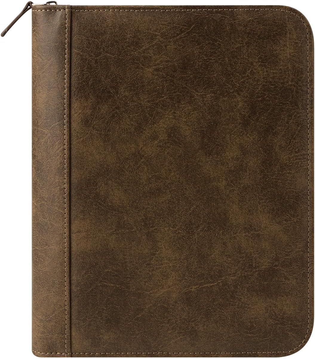 FranklinCovey - FC Basics Ring-Bound Binder for FranklinCovey Planners | Distressed Simulated Leather - Zipper Binder (Classic, Brown)