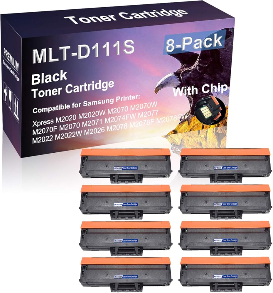 8 Pack (Black) with Chip Compatible Laser Printer Cartridge (High Yield) Replacement for Samsung MLT-D111S D111S Imaging Cartridge for Samsung Xpress M2022 M2022W M2026 M2078 M2078F M2078FW Printer