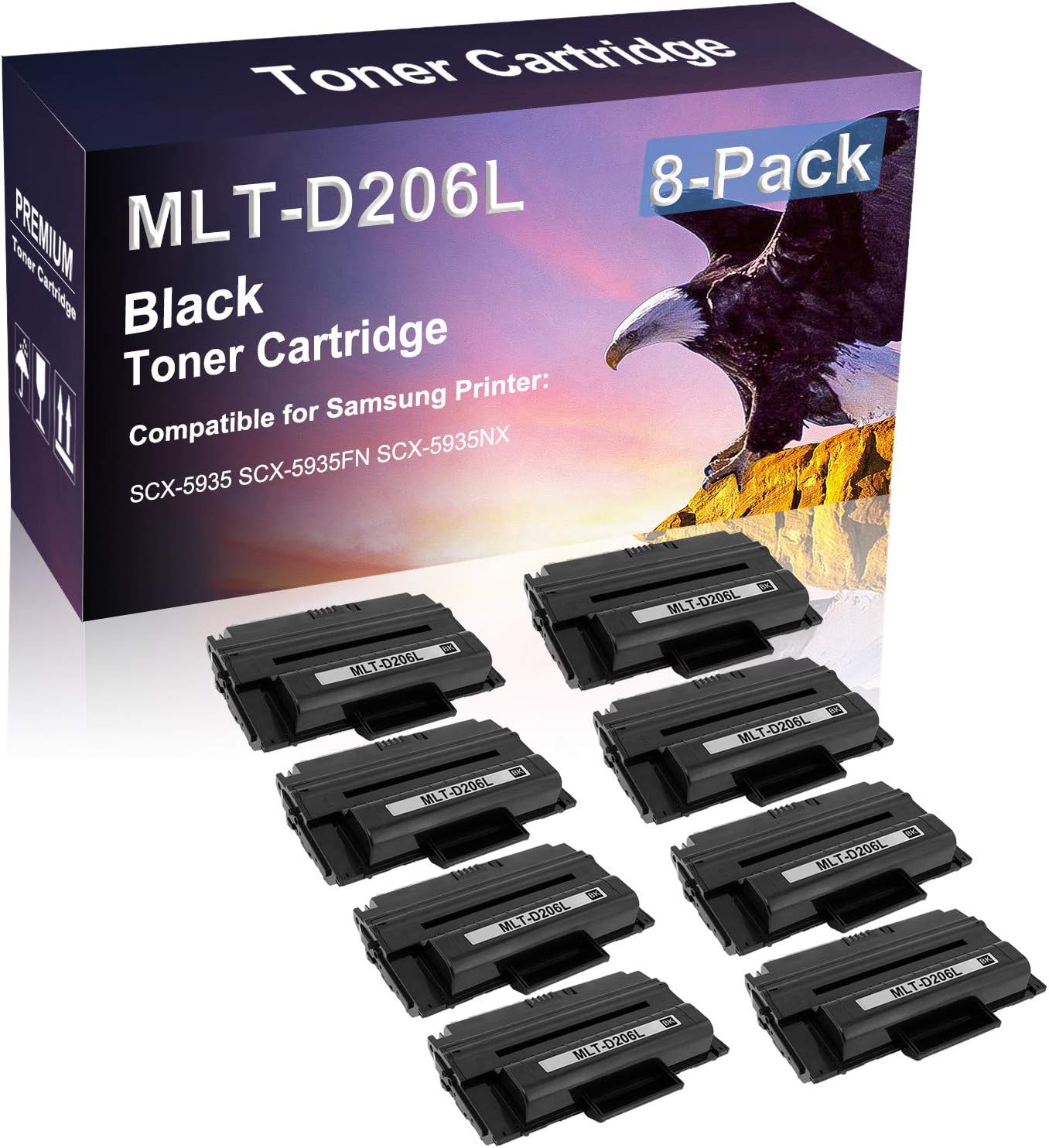 8 Pack (Black) Compatible Laser Printer Cartridge (High Yield) Replacement for Samsung D206L MLT-D206L Imaging Cartridge use for Samsung SCX-5935 SCX-5935FN SCX-5935NX Printer
