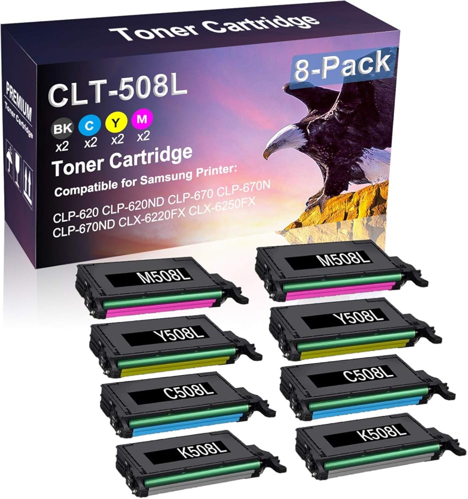 8 Pack (2BK+2C+2Y+2M) Compatible CLP-670ND CLX-6220FX CLX-6250FX Printer Toner Cartridge Replacement for Samsung CLT-508L CLT-K508L CLT-C508L CLT-Y508L CLT-M508L Laser Printer Cartridge(High Capacity)