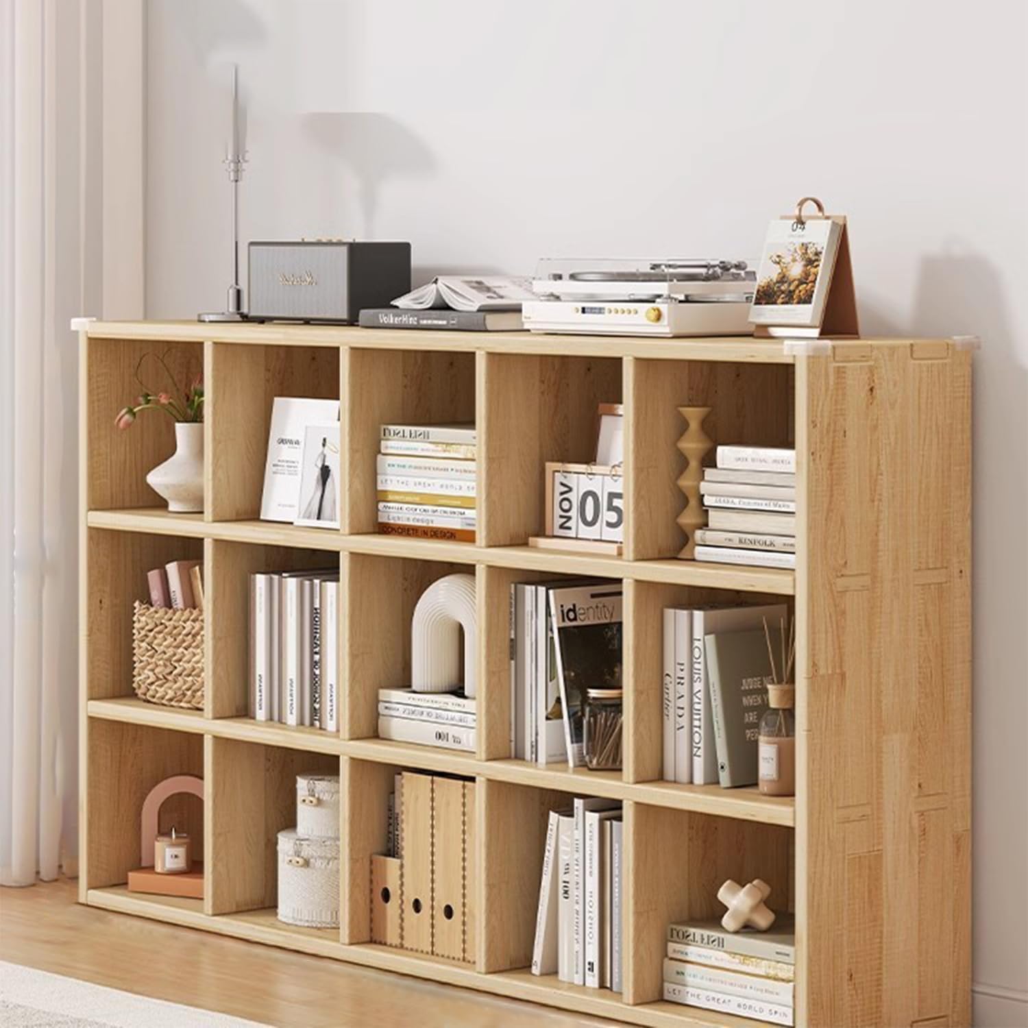 HOLMZCED 15 Cubes Bookcase, 3 Tiers Bookshelf Solid Wood Storage Shelf Floor Display Cabinet with 15 Compartments for Living Room