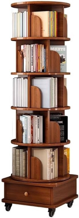 AJLDN Rotating Bookshelf Tower, Spinning Bookcase with Large Capacity, 6-Tier Corner Bookshelves and Bookcases for Small Space, Floor Standing Storage Organizer,WalnutBrown-MDF