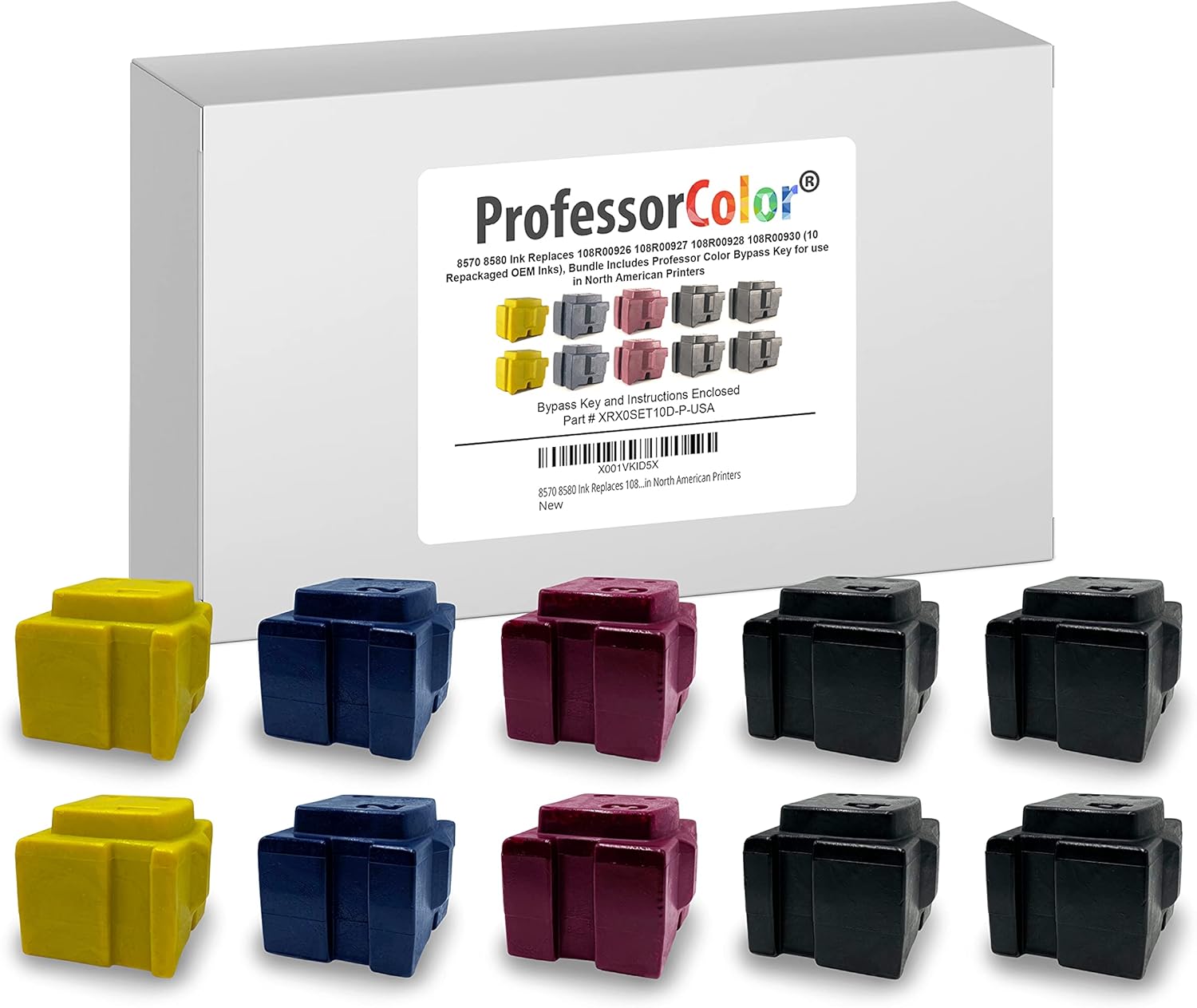 Professor Color ColorQube 8570 or ColorQube 8580 Ink Replaces 108R00926 108R00927 108R00928 108R00930 (10 Repackaged OEM Inks), Bundle Includes Bypass Key for use in North American Printers