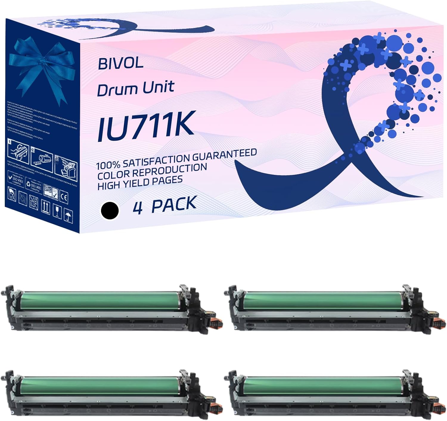 BIVOL IU711K Drum Unit Compatible for Konica Minolta bizhub C654 C654e C754 C754e 654 754 Printers, with Chip, High Yield 300000 Pages, Vivid Colors (4 Pack Black)