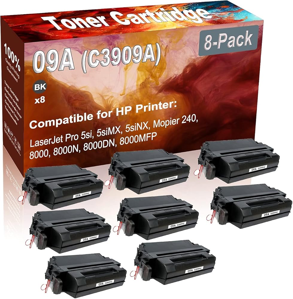 8-Pack (Black) Compatible 09A (C3909A) Printer Toner Cartridge (High Capacity) fit for HP 5si, 5siMX, 5siNX, Mopier 240, 8000, 8000N, 8000DN, 8000MFP Printer