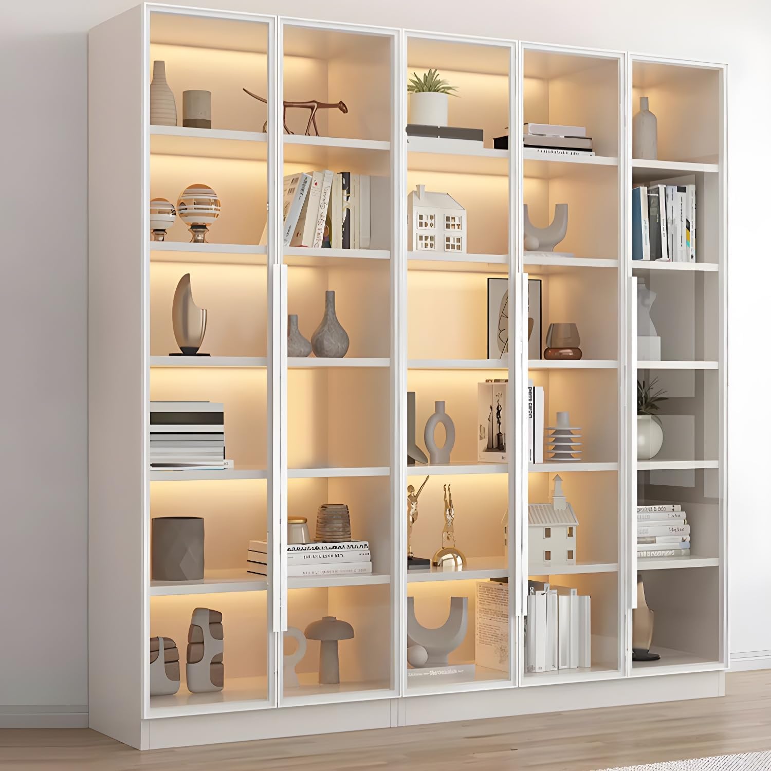LITFAD Modern Wood Bookcase with Cabinet, Transparent Glass Doors Living Room Display Cabinet Freestanding Book Shelves for Bedroom Home Office Library - White 79