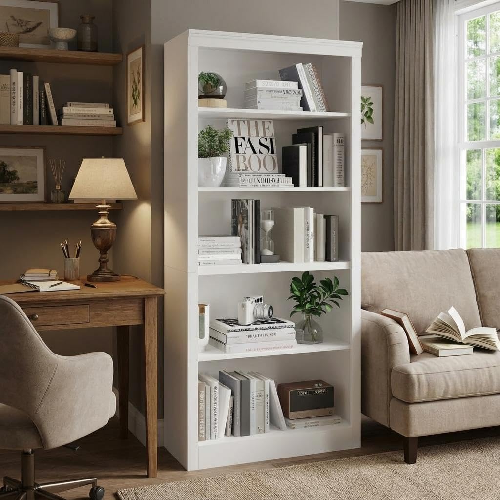 IDEALHOUSE 5-Tier Bookshelf, 71 inch Tall Bookcase, Open Storage Shelf with Anti-Tip Design, for Living Room Office Bedroom, Easy Assembly, White