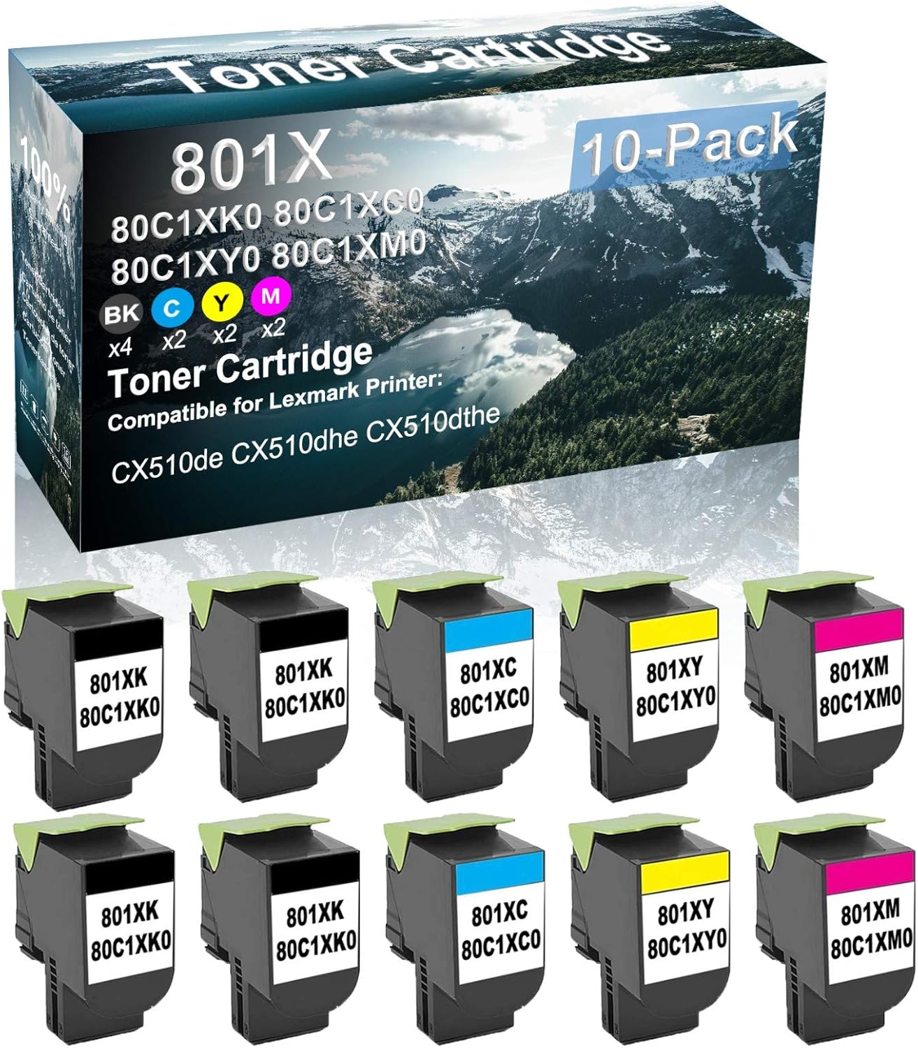 Credibility Store 10 Pack (BK+C+Y+M) Compatible High Capacity Printer Toner Cartridge Replacement for 801XK 80C1XK0 Printer Cartridge use for CX510de CX510dhe CX510dthe Printer