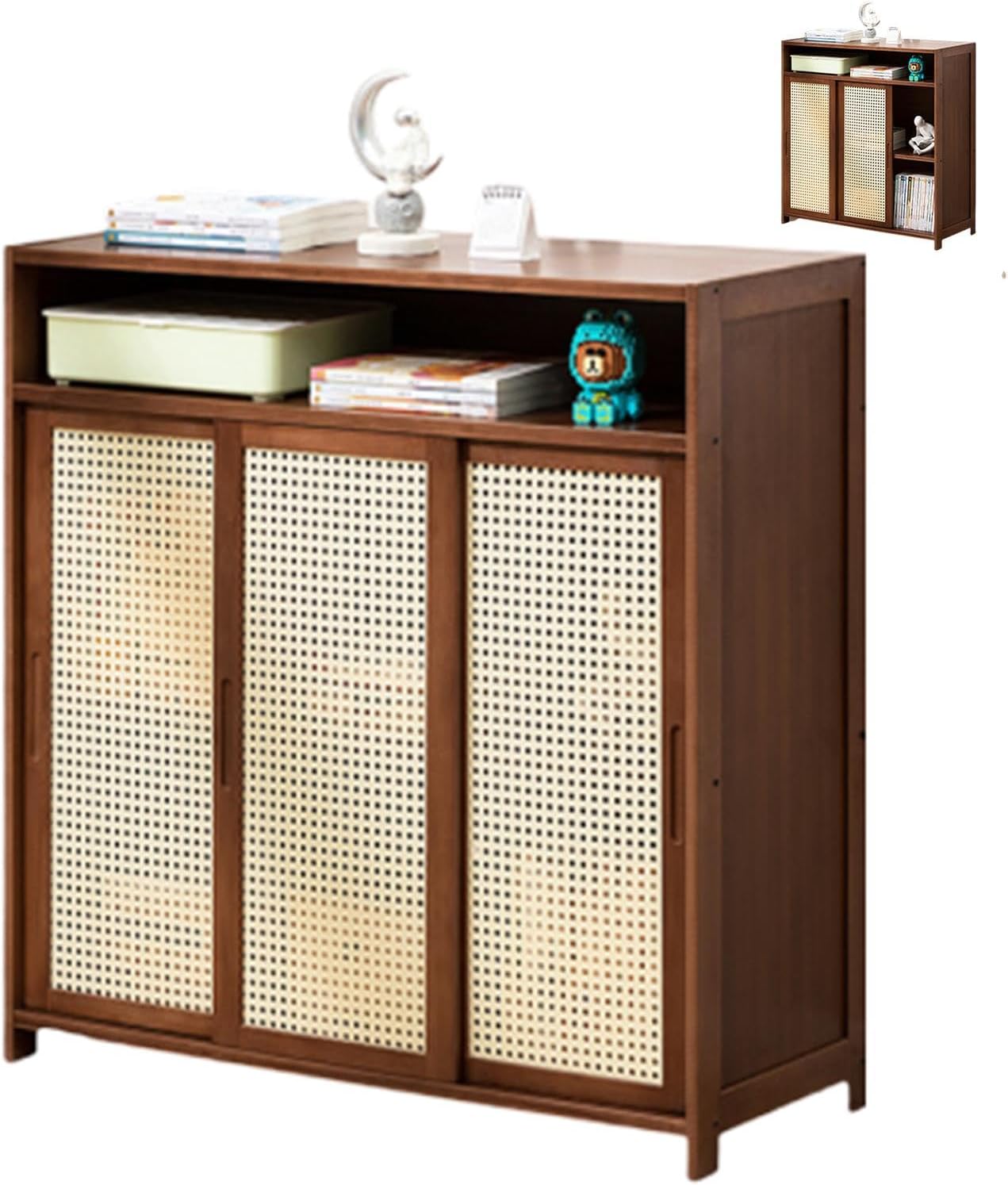 LOKORI Farmhouse Bookcase Storage Cabinet,Modern Rattan Bookshelf with Doors, Free Standing Bookcase Display Storage Shelf for Kitchen, Living Room, Hallway,A