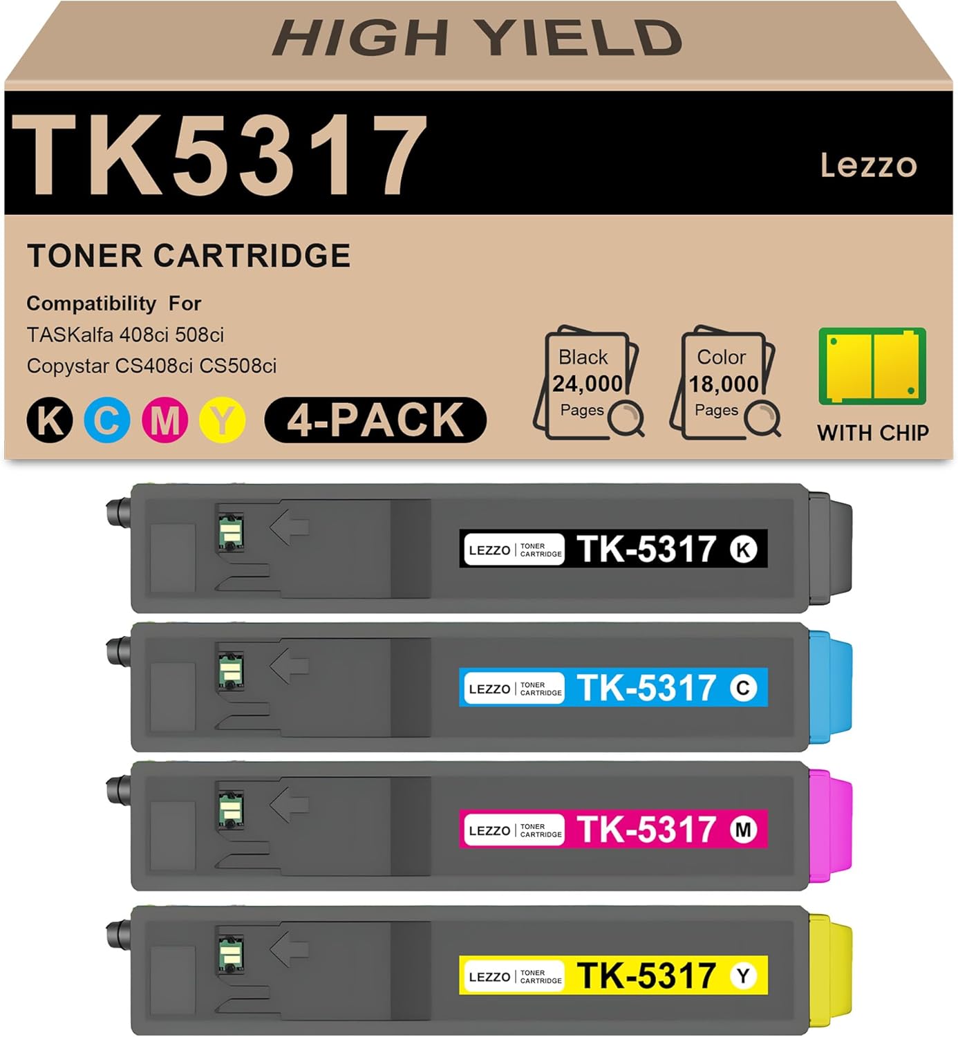 TK-5317 TK-5319 Toner Cartridge 4-Pack 1T02WH0US0 1T02WHCUS0 1T02WHBUS0 1T02WHAUS0 Toner Replacement for Kyocera TK5317 Toner for TASKalfa 408ci 508ci Copystar Printer (Black Cyan Magenta Yellow)