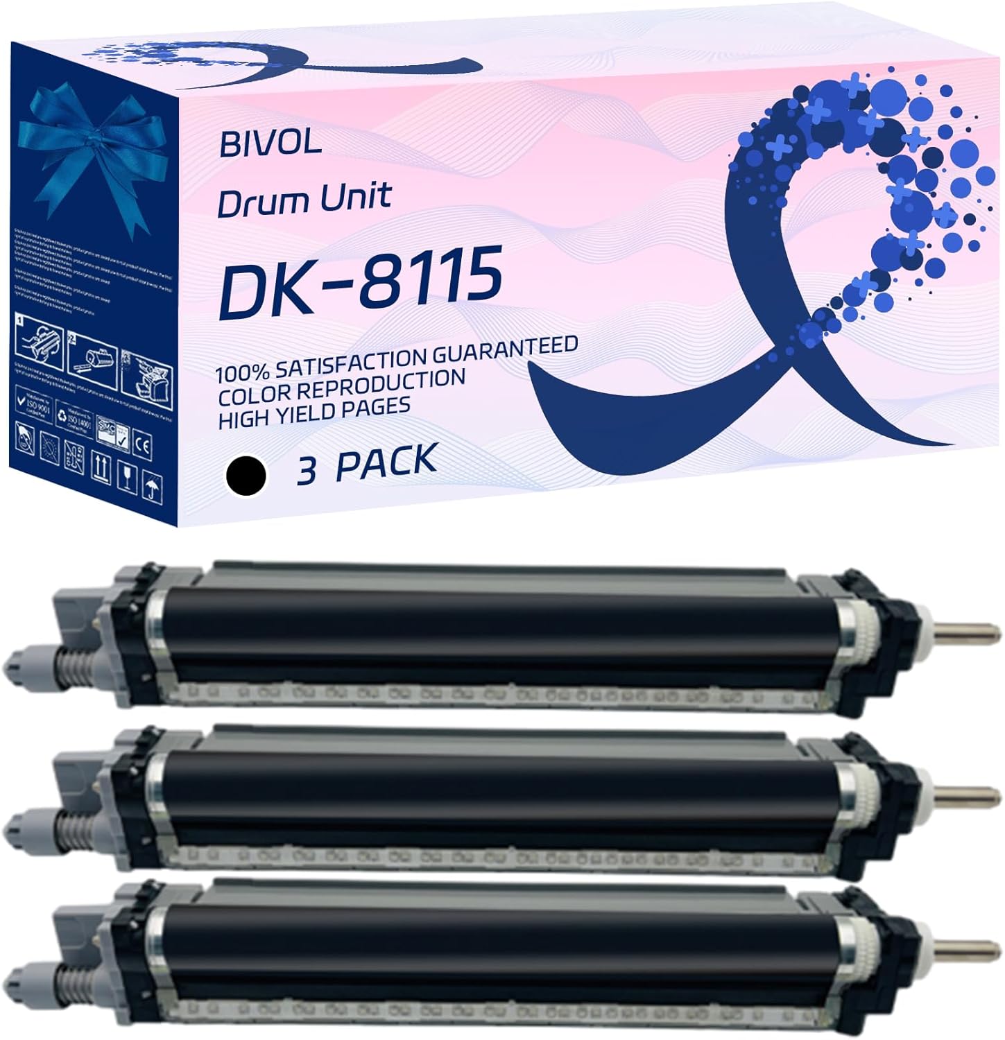 BIVOL DK-8115 Drum Unit Compatible for Kyocera ECOSYS M8124cidn M8130cidn Printers, with Chip, High Yield 300000 Pages, Vivid Colors (3 Pack Black)