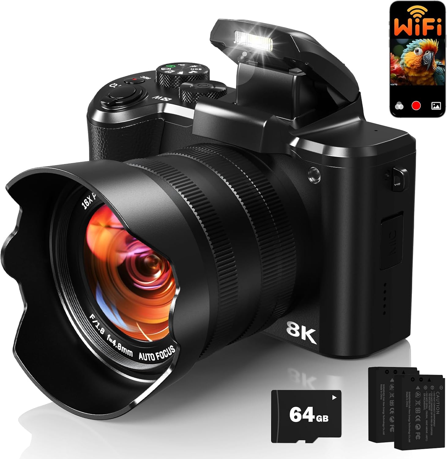 Aasonida 8K Digital Cameras for Photography, Autofocus 88MP WiFi Vlogging Camera for YouTube with Selfie Lens, Professional Video Camera with Flash, Touch Screen, Lens Hood, 64GB Card, 2 Batteries
