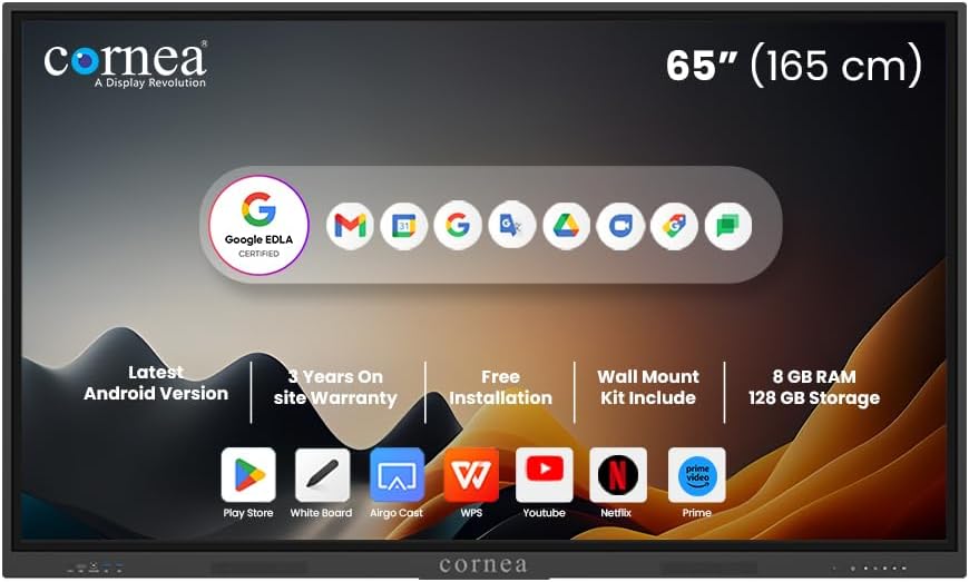 Cornea 65 inch 4KUHD Smart Board,Interactive Flat Panel Digital Whiteboard for Office and Classroom,Electronic Presentation Meeting Device for Hybrid Work,Interative Touchscreen Display,Android