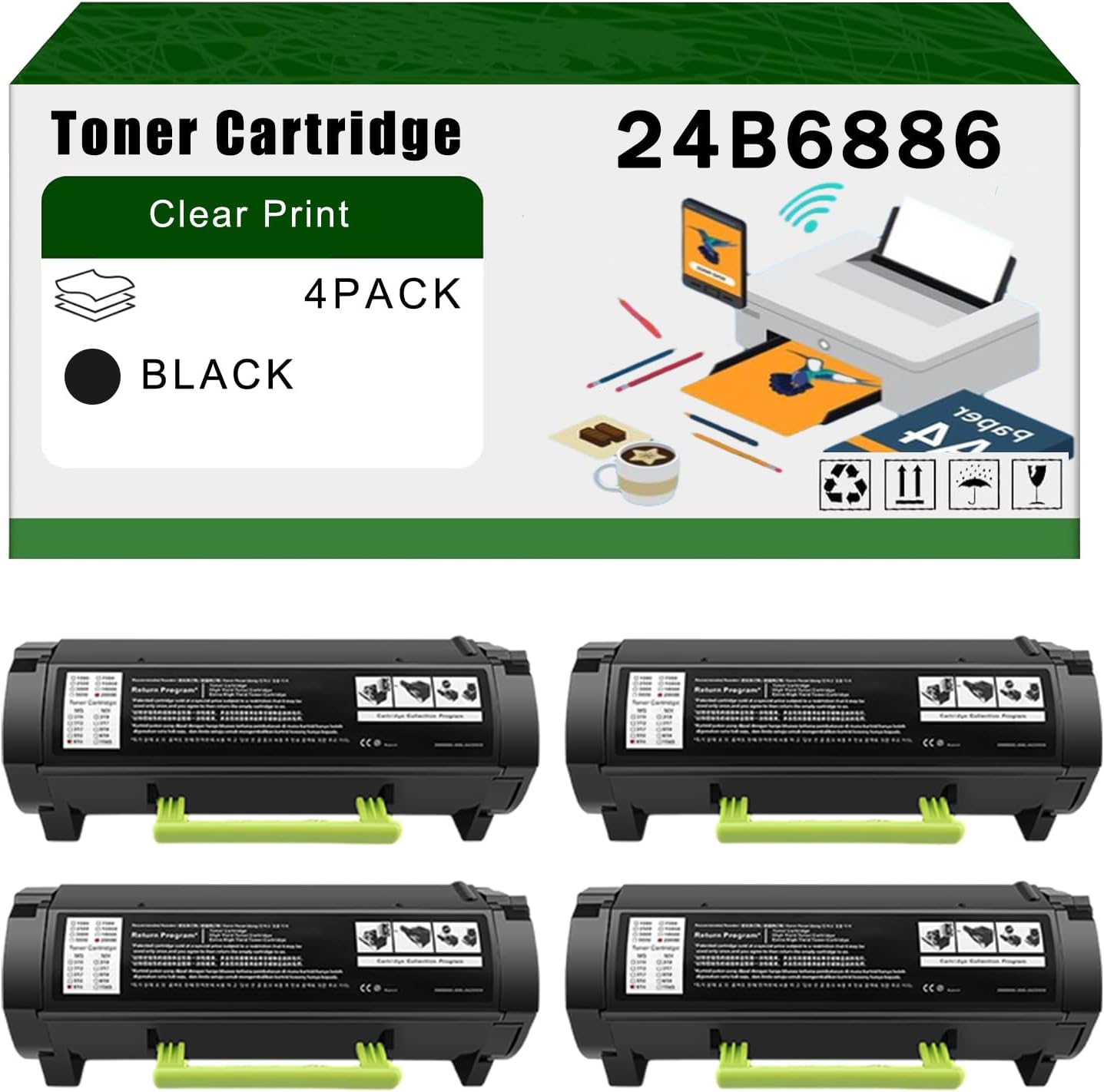 Compatible for Lexmark 24B6886 Toner Cartridge M1246 XM1246 Printers, High Yield 31000 Pages Bright Clear Colors (4 Pack Black)