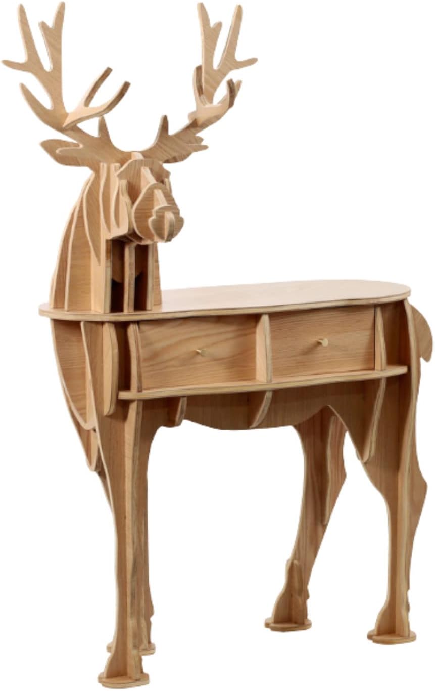 Animal Bookshelf W/ 2 Drawer Solid Wood Storage Rack Floor Standing Creative Elk Shaped Bookcase Corner Side Cabinet for Living Room