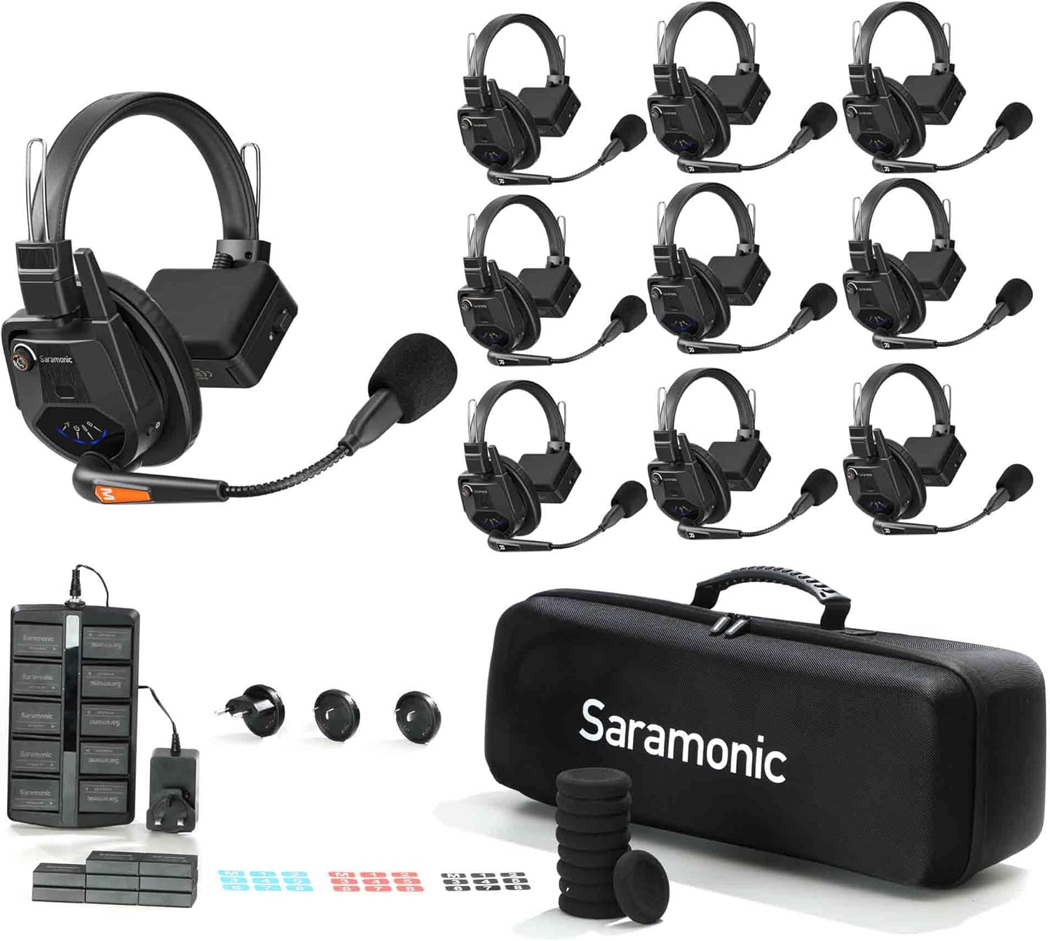 Saramonic WiTalk9-9S 9-Person 1.9GHz Full-Duplex Wireless Intercom System with Single-Ear Headsets, 500m Range, Expandable to 30 Users, Includes 18 Batteries, 10-Bay Charger, and Deluxe Carry Case