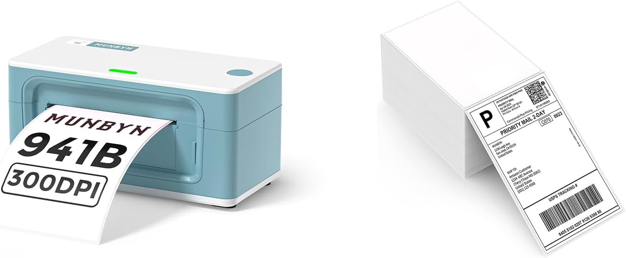 MUNBYN Bluetooth Thermal Label Printer 941B+Thermal Direct Shipping Label (Pack of 500 4x6 Fan-Fold Labels)