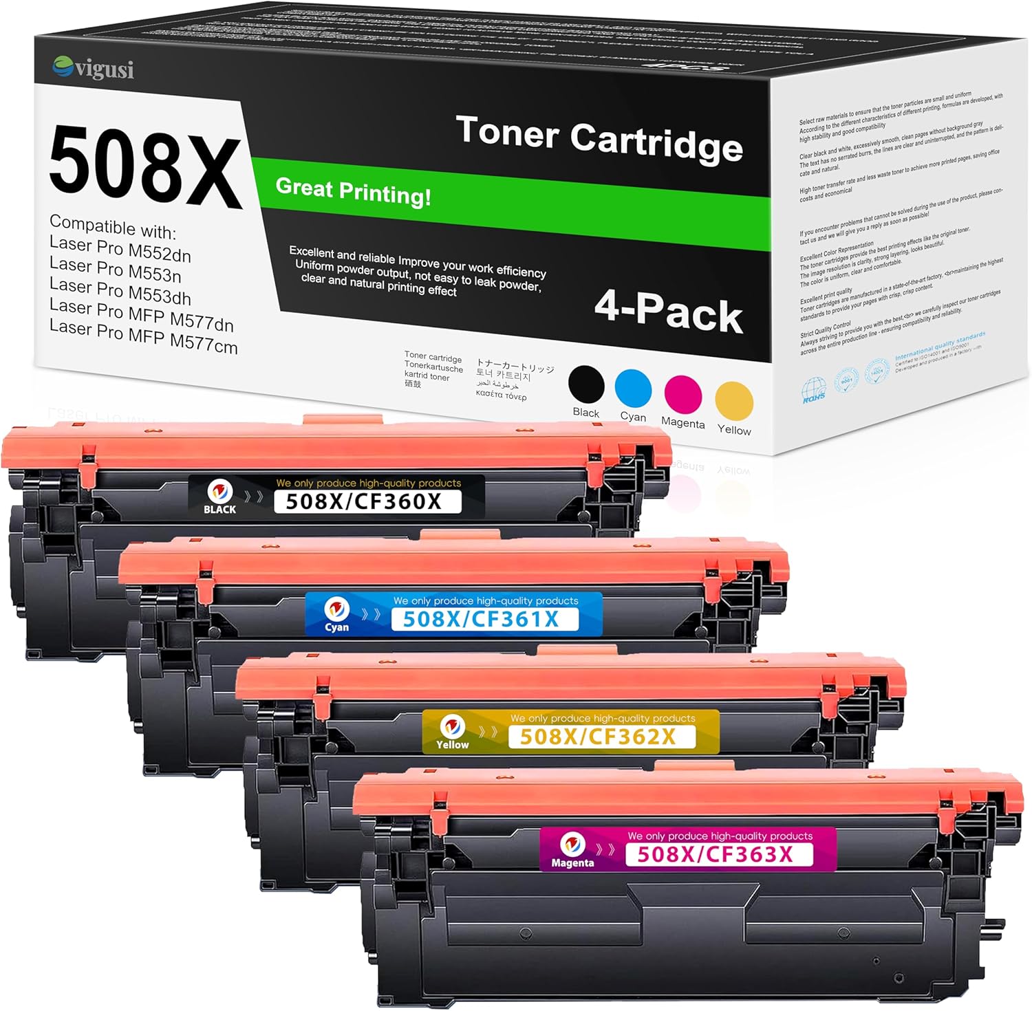 508X Toner Cartridge Set 4 Pack High Yield CF360X Replacement for HP 508X CF361X CF362X CF363X 508A Work for Enterprise M553 M553dn M577 M553X M553N Printer Ink (1BK/1C/1Y/1M)