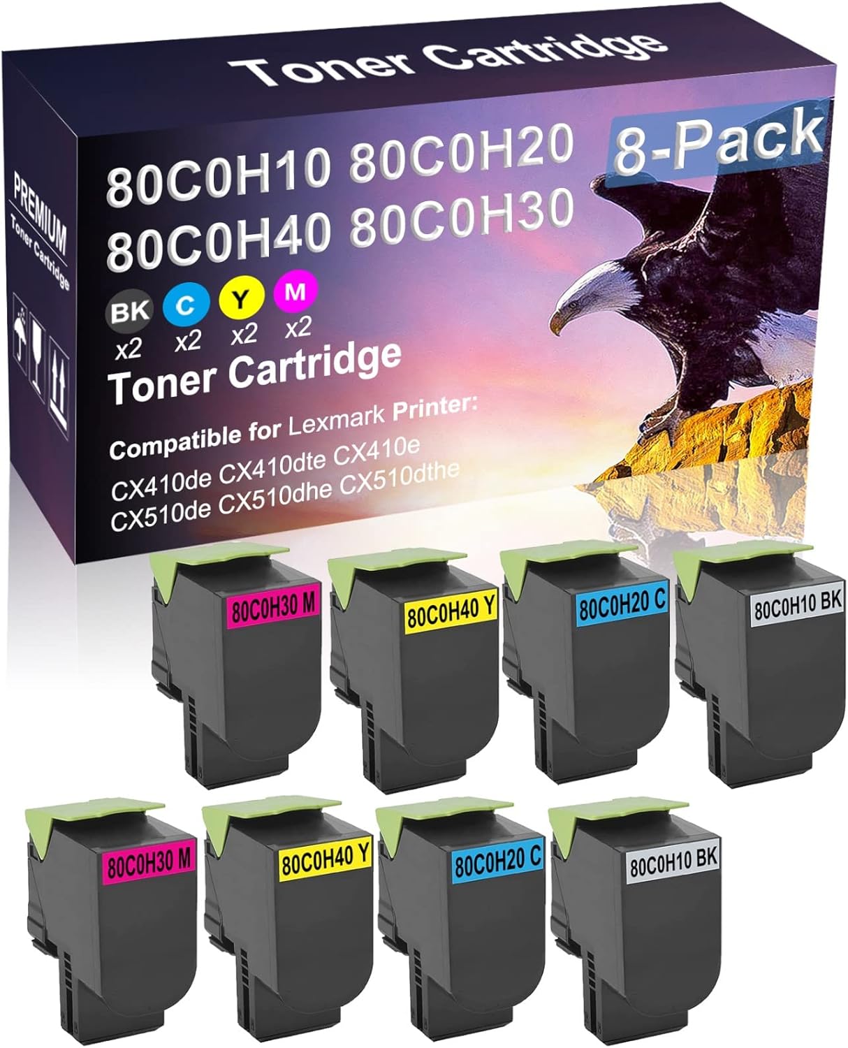 Credibility Store 8 Pack (BK+C+Y+M) Compatible (High Yield) 80C0H10 80C0H20 80C0H40 80C0H30 Toner Cartridge Used for CX510de CX510dhe CX510dthe Printer
