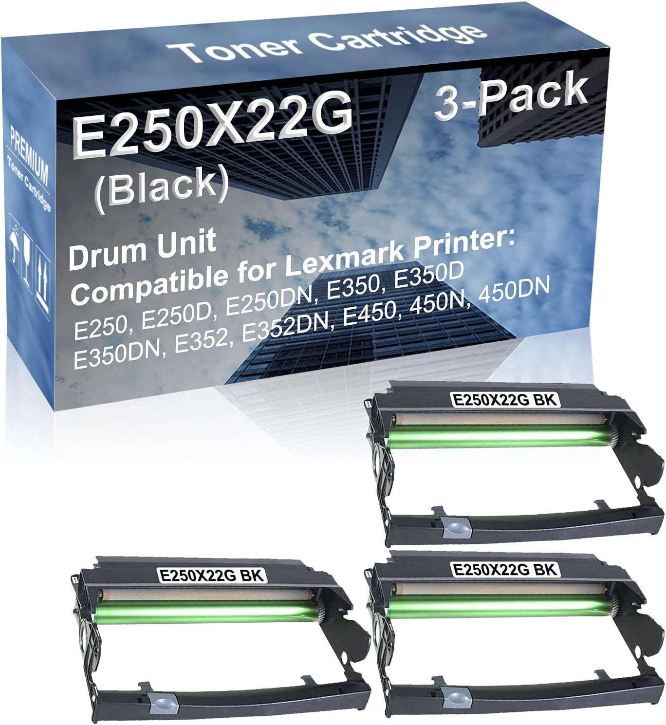 3-Pack (Black) Compatible E350D, E350DN, E352 Printer Drum Unit Replacement for Lexmark E250X22G Drum Kit