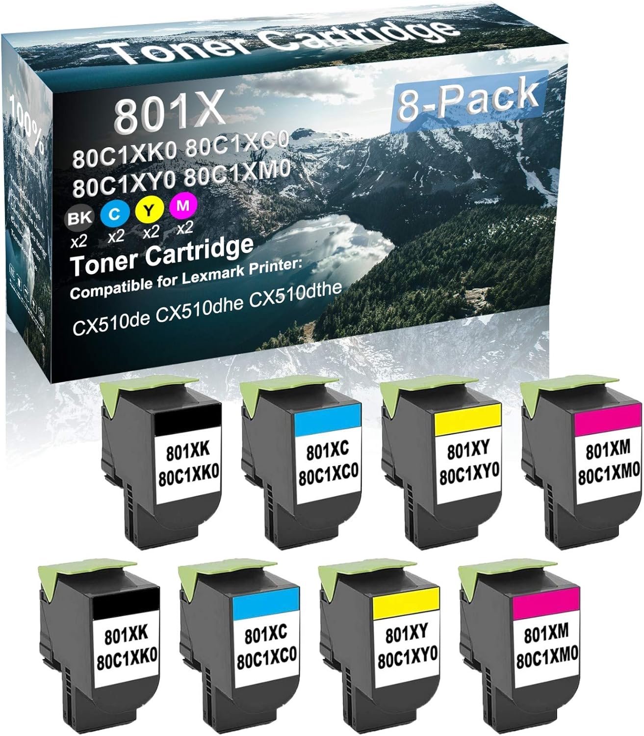 8 Pack (BK+C+Y+M) Compatible High Capacity Printer Toner Cartridge Replacement for 801X | 80C1XK0 80C1XC0 80C1XY0 80C1XM0 Printer Cartridge use for CX510de CX510dhe CX510dthe Printer