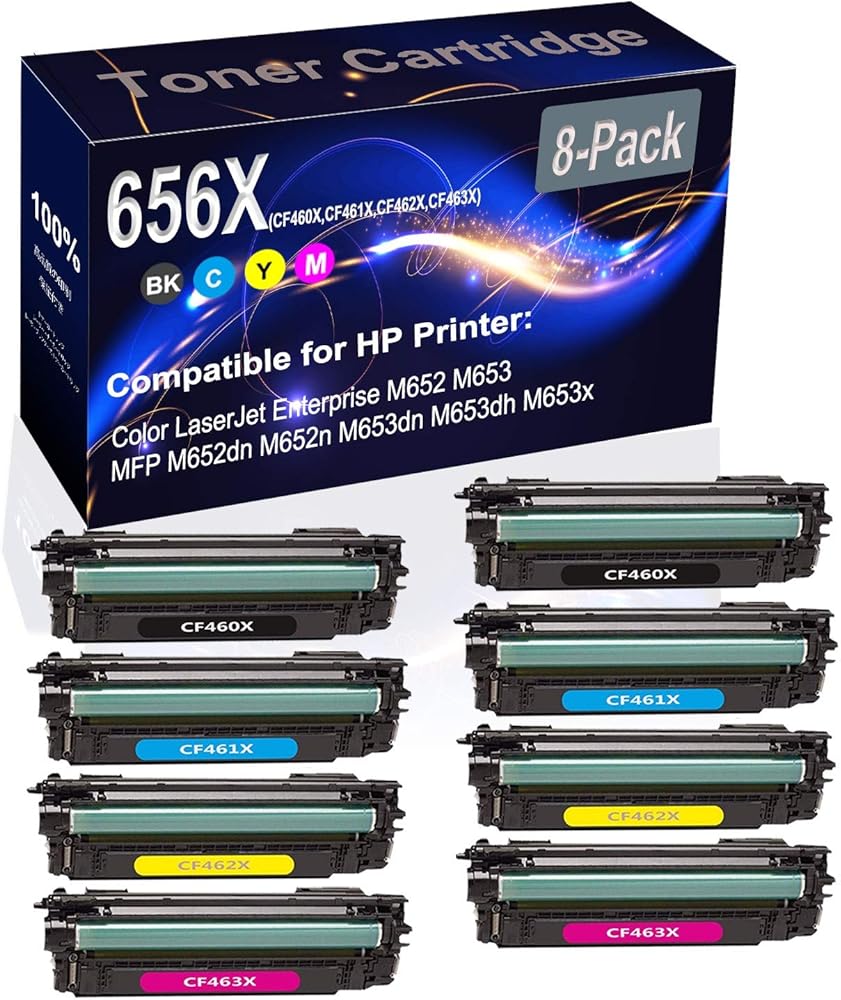 8-Pack (2BK+2C+2Y+2M) Compatible High Yield 656X (CF460X CF461X CF462X CF463X) Printer Toner Cartridge use for HP M652 M653 Printers