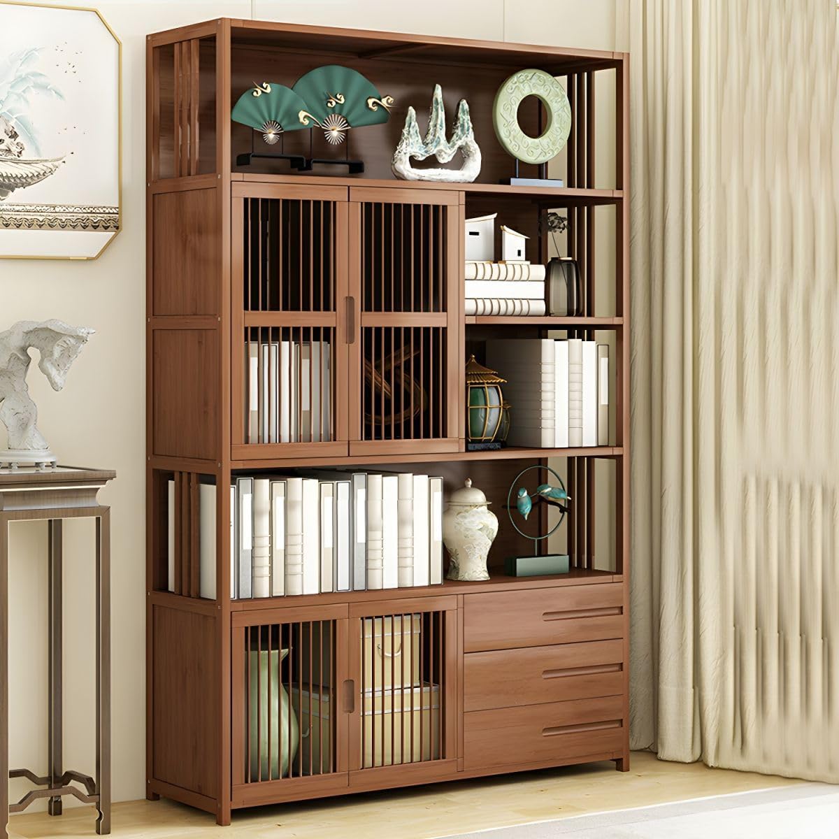 CraftThink Shelf Bookcase, Vintage Bookcase Geometric Bookcase Brown Tall Storage Display Staggered Shelves with Bamboo Frame,2-Cabinet, 3-Drawer for Home Office, 37.5