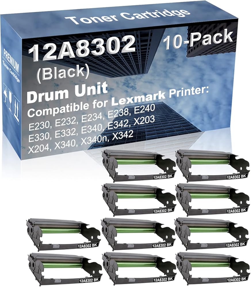 10-Pack (Black) Compatible E330, E332, E340, E342 Printer Drum Unit Replacement for Lexmark 12A8302 X340H22G Drum Kit