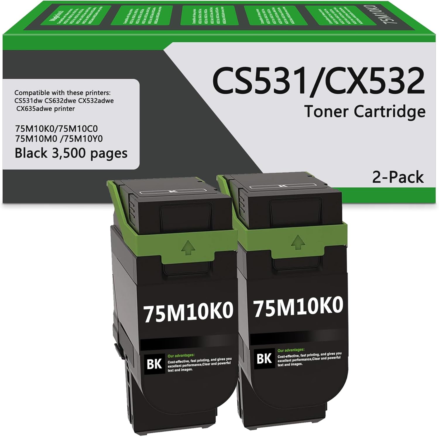 VIGUSI 75M10K0 Toner Cartridge 3500 Yield Replacement for Lexmark CX635adwe CX532adwe CS632dwe CS531dw Printer(2Black)