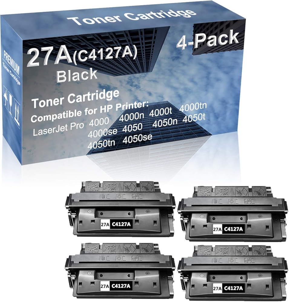 4-Pack Compatible High Capacity (C4127A) 27A Toner Cartridge use for HP 4000 4000n 4000t Printer (Black)