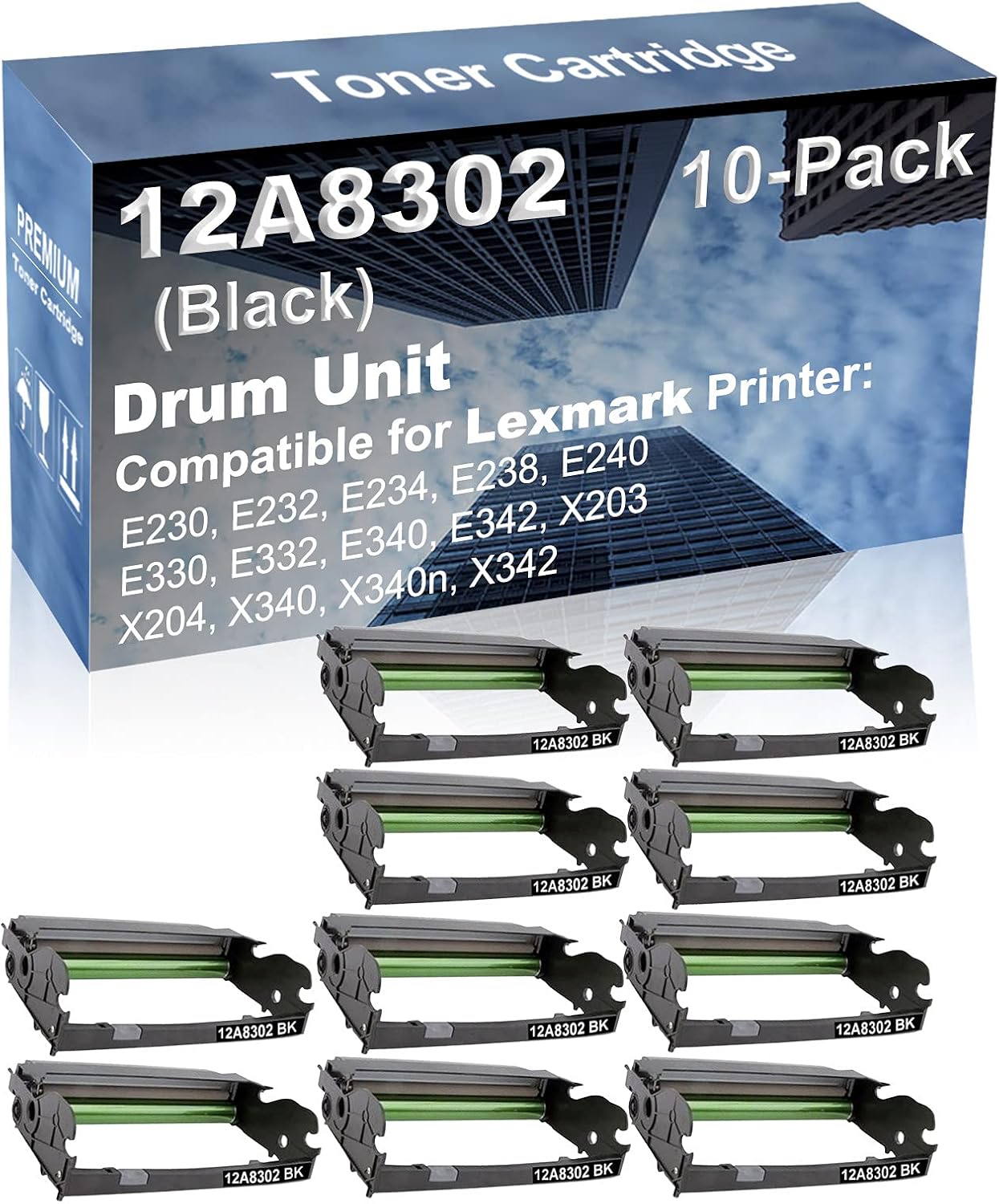 10-Pack Compatible High Yield X203, X204, X340, X340n, X342 Printer Cartridge Replacement for Lexmark 12A8302 X340H22G Drum Kit
