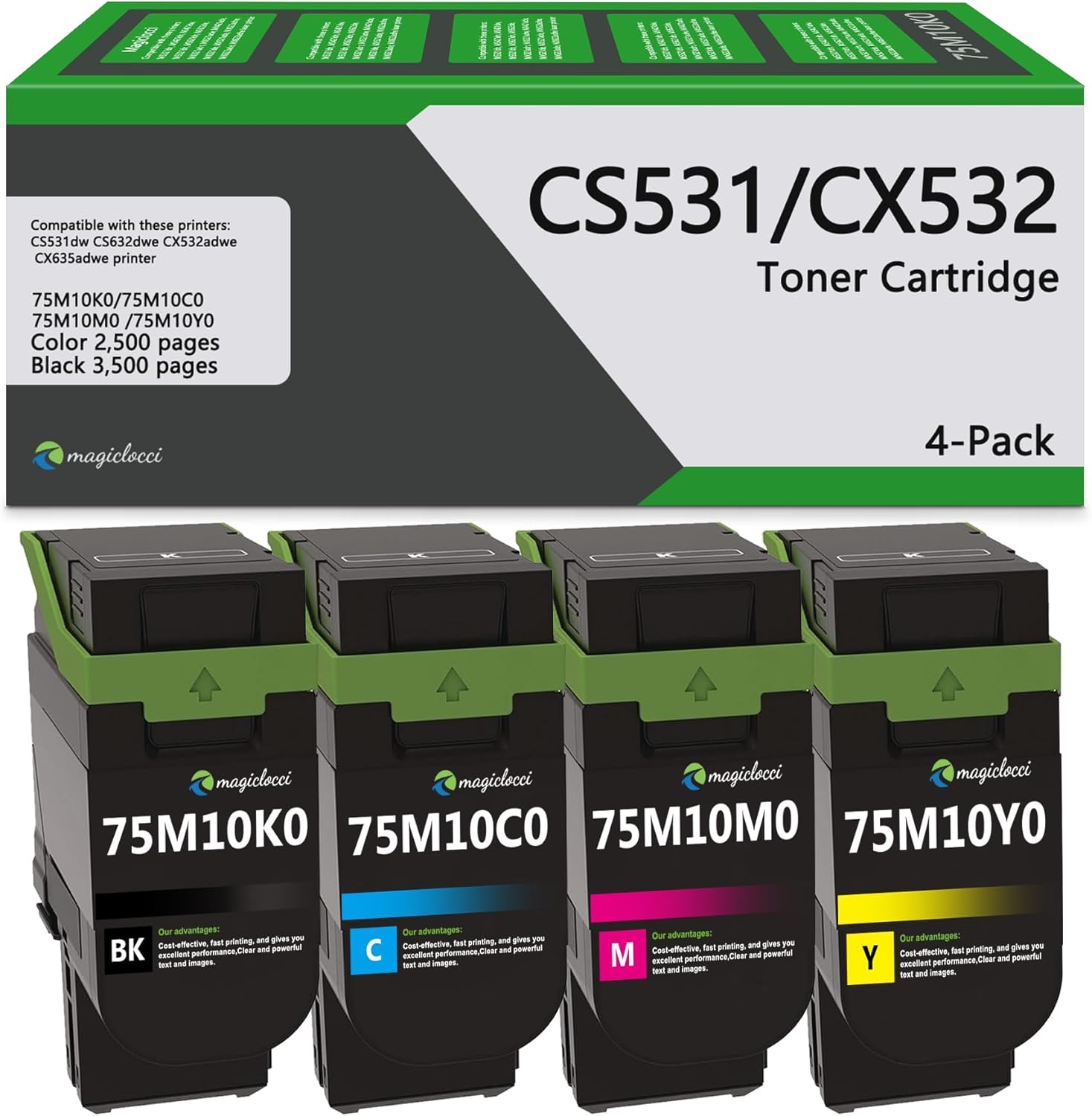 CS531 CX532 Toner Cartridge Set 75M10K0 75M10C0 75M10Y0 75M10M0 11,000 Pages Compatible for Lexmark CS531dw CS632dwe CX532adwe CX635adwe Printer(4Pack,BK/C/M/Y)