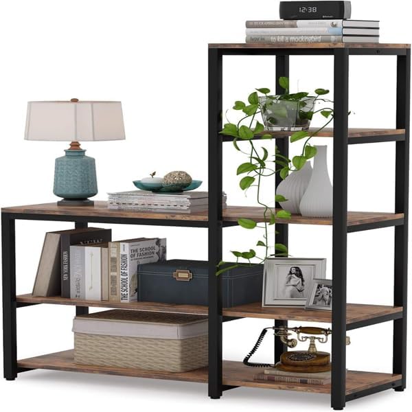 Orixforce 5-Tier L Shaped Bookshelf, Industrial Storage Cabinet with Metal Frame and Wood Shelves, Space-Saving Bookcase Display Rack for Living Room, Bedroom, Office, Kitchen