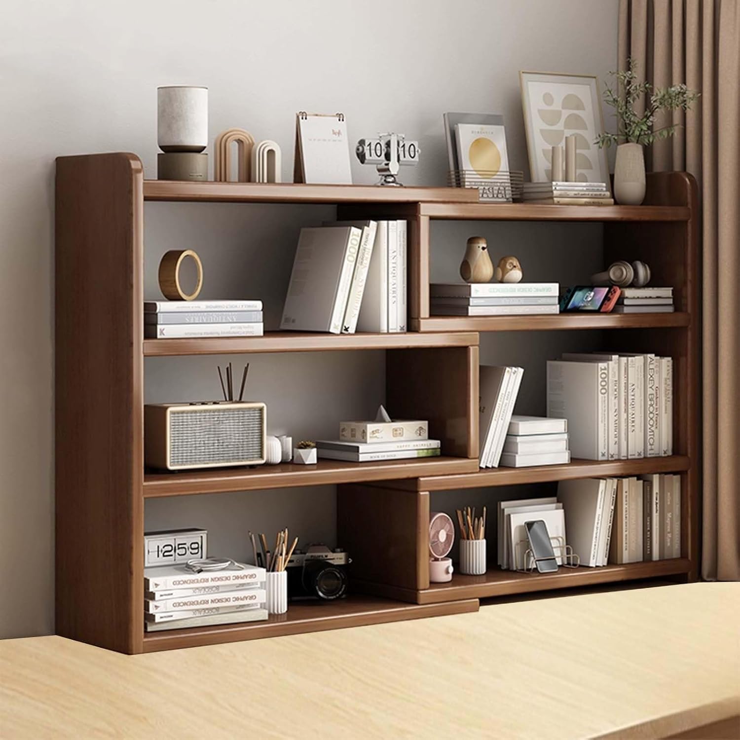 Wooden Expandable Bookcase, 3 Tier Storage Shelf with Adjustable Width, Space-Saving Desktop Bookshelf, Modern Organizer for Corner, Living Room, Bedroom, Study Room