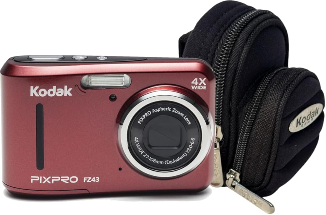 KODAK PIXPRO FZ43 16 MP Digital Camera (Red) Bundle with Kodak Gear Silverado P04 Small Pouch Micro Twin Pocket Case (Black)