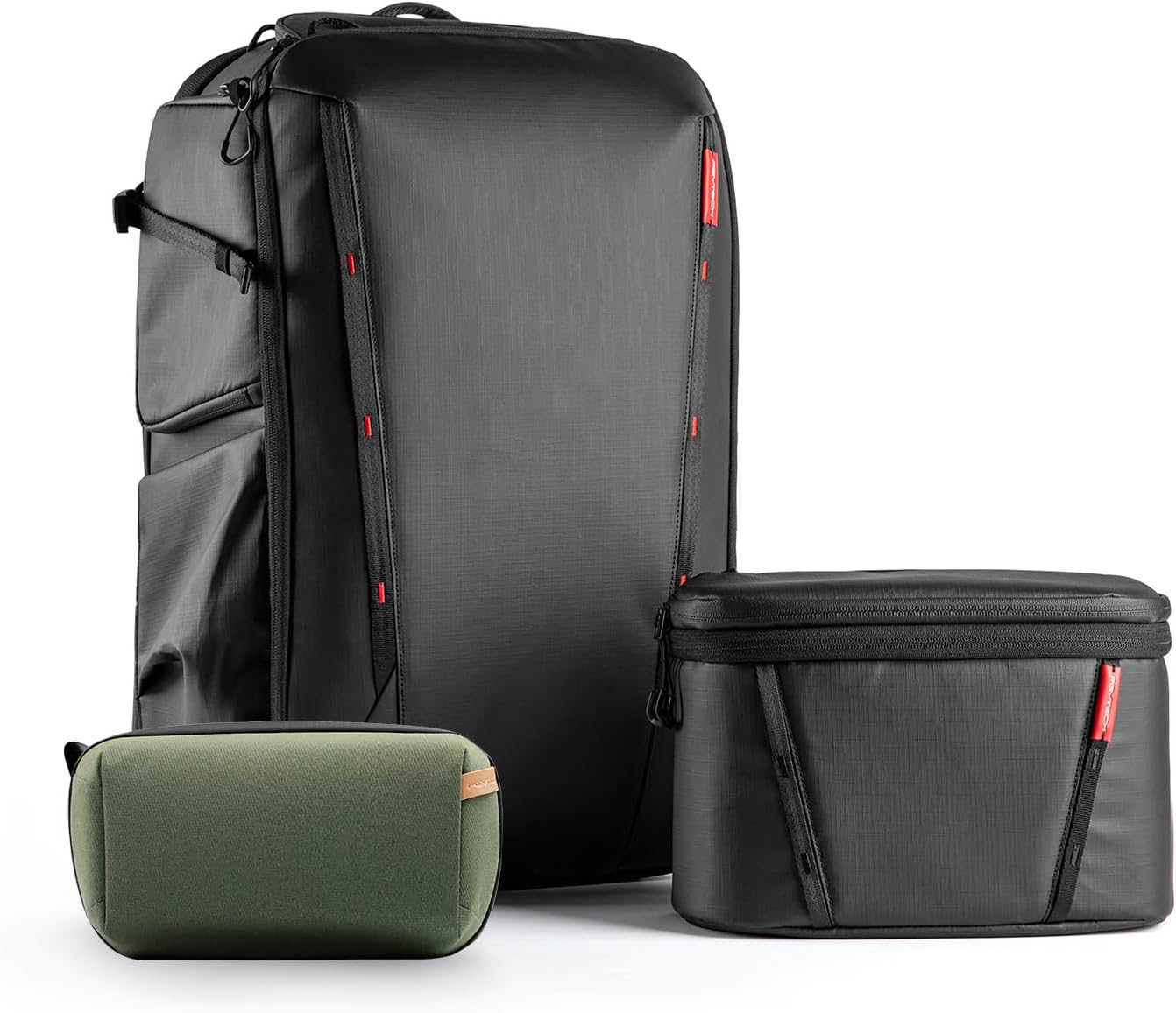 PGYTECH OneMo 2 35L Camera Backpack black + Tech Accessories Pouch green Waterproof Small Electronics Organizer Bag Tech Organizer Pouch for Cables, Phone Batteries, Photography SD card