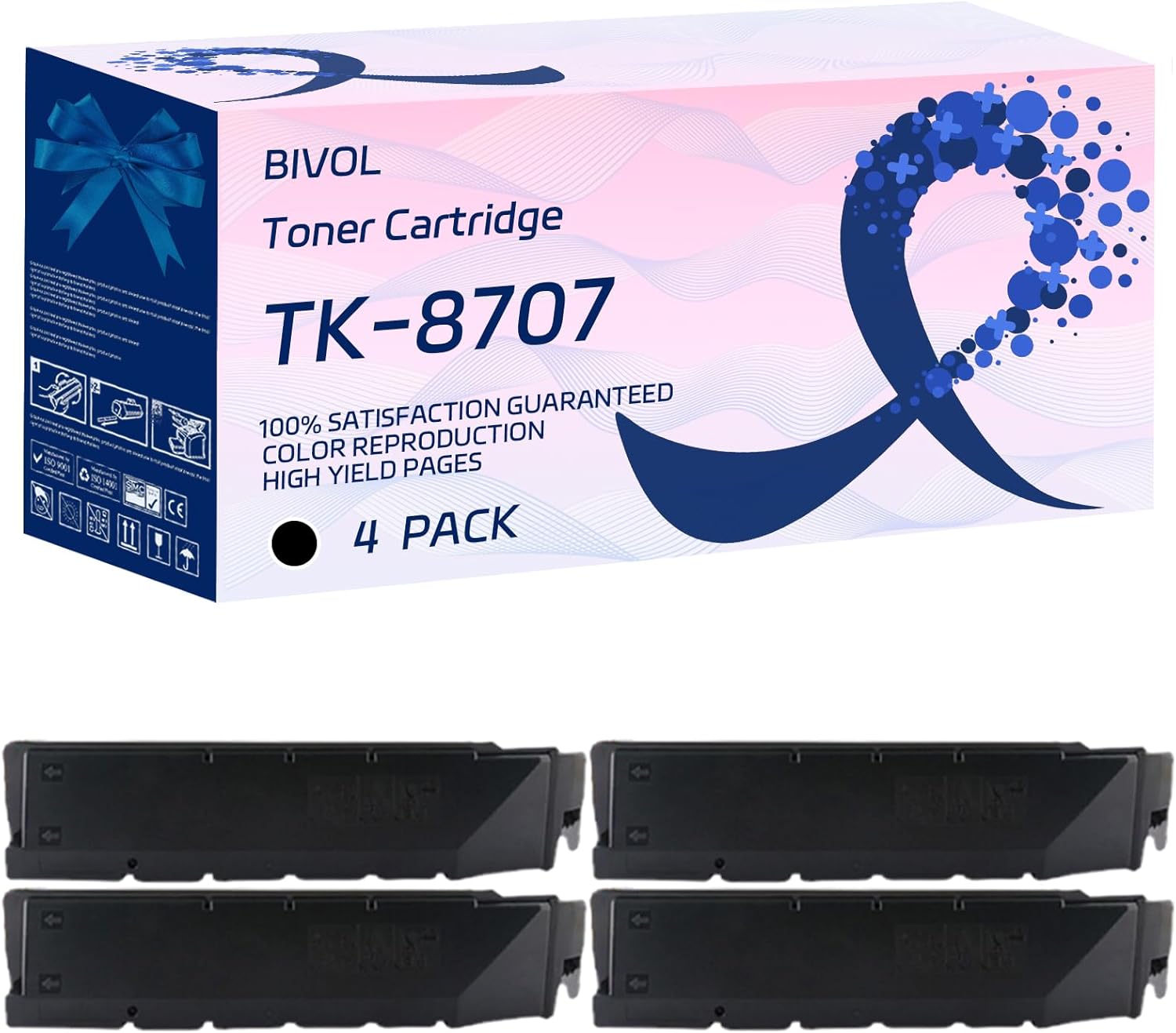 BIVOL TK-8707 Toner Cartridge Compatible for Kyocera TASKalfa 6551ci 7550ci 7551ci Printers, with Chip, High Yield 70000 Pages, Vivid Colors (4 Pack Black)