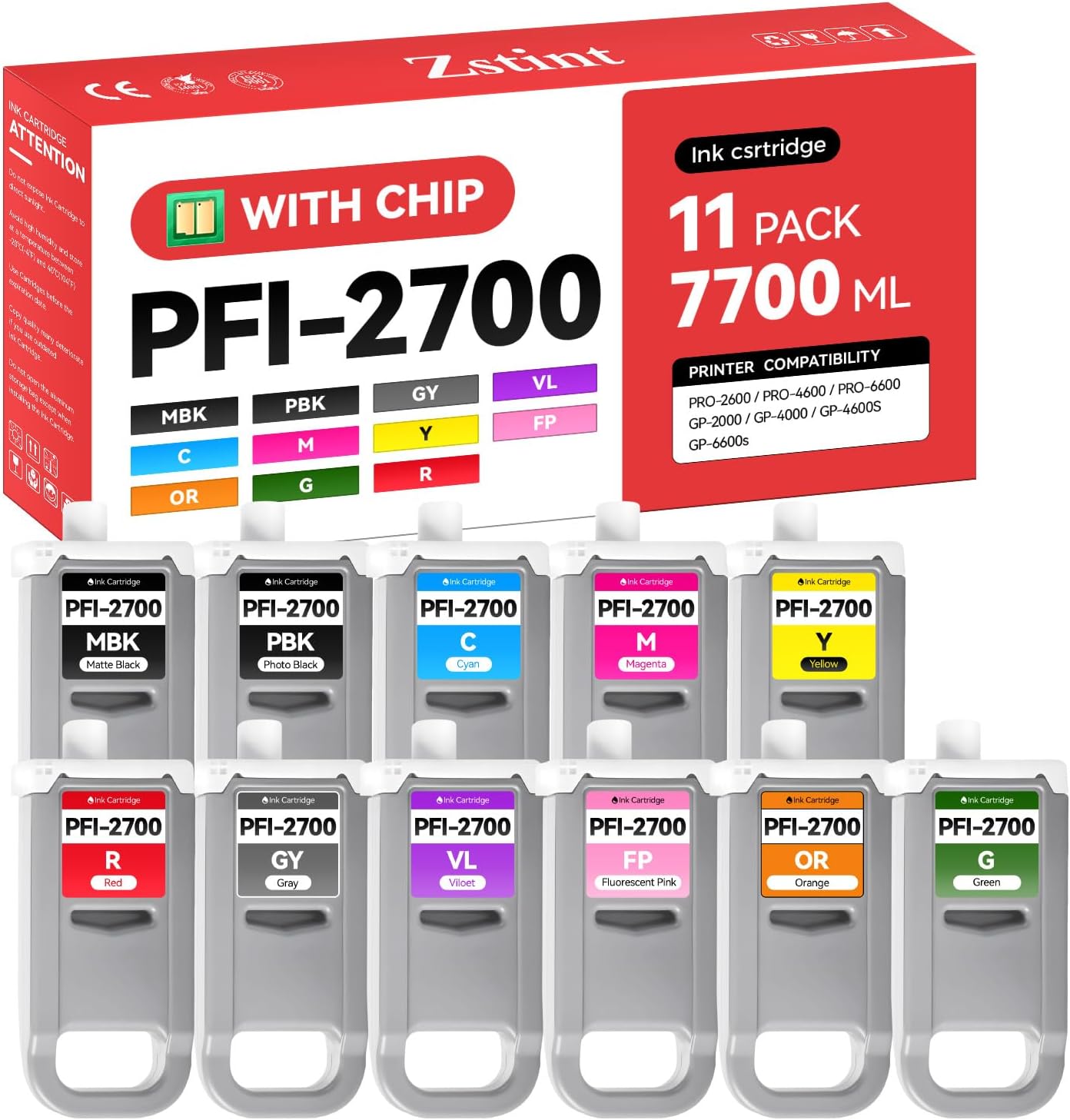 PFI-2700 Pigment Ink Tank Set 11-Pack 700ml High Capacity with chip Ink Cartridges Replacement Compatible with Canon ImagePROGRAF PRO-2600 PRO-4600 PRO-6600 GP-2000 GP-4000 GP-4600S GP-6600s Printer