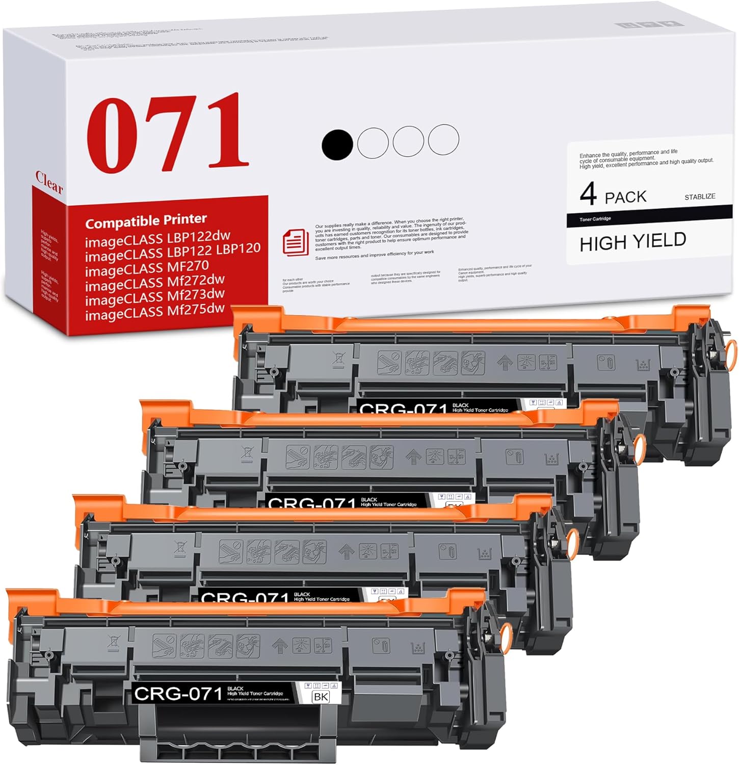 BERRYSKY 071 Toner Cartridge (1500 Pages) Replacement for Canon 071 071H Compatible with imageCLASS LBP121/LBP122/LBP122dw,MF270/MF272/MF273/MF275 Series Printers | 2Black (071-4 Pack)