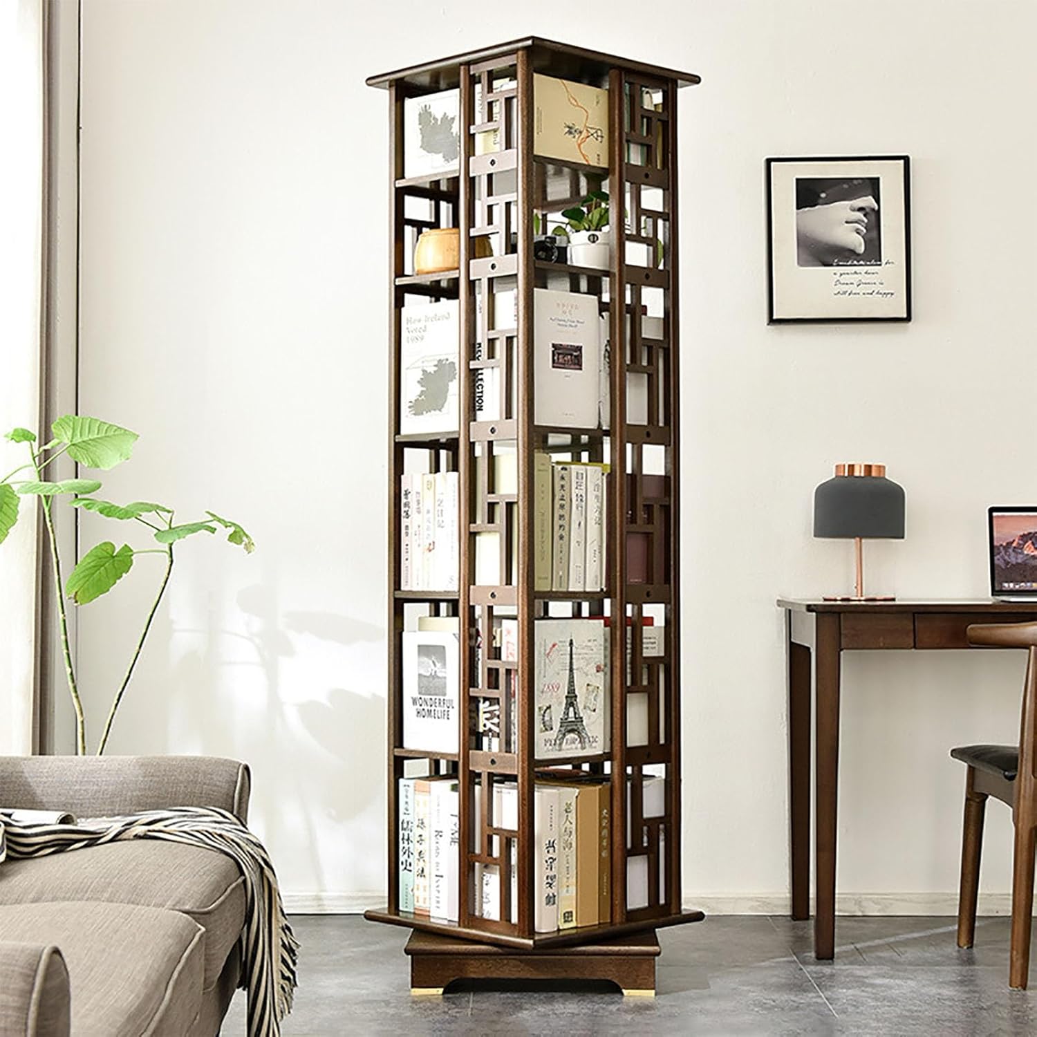ELZEM 6 Tier Rotating Bookshelf Chinese Style 360° Revolving Bookcase with Base Solid Wood Spinning Book Shelf 360 Degrees Rotation Display Tower Stackable for Bedroom Living Room Study Room(Walnut)