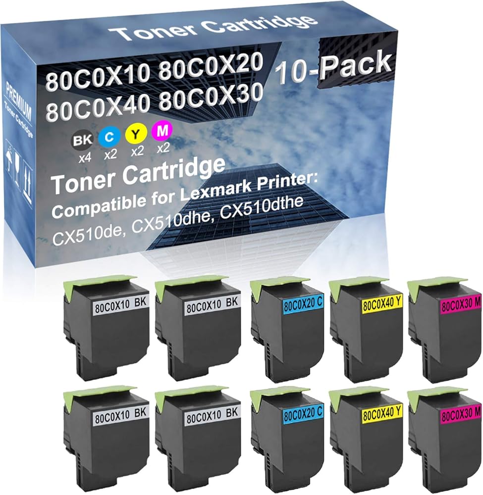 10-Pack (4BK+2C+2Y+2M) Compatible High Capacity 80C0X10+ 80C0X20+ 80C0X40+ 80C0X30 Toner Cartridge Used for CX510de, CX510dhe, CX510dthe Printer